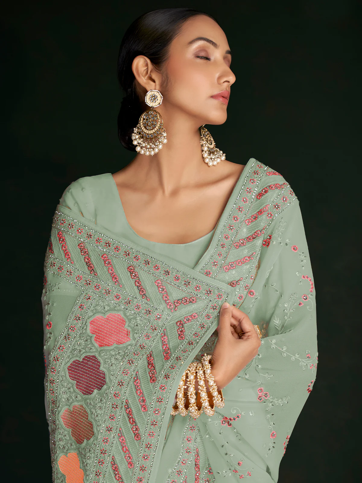 Odette Women Designer Sea Green Georgette Embroidered Saree With Unstitched Blouse - Image 2