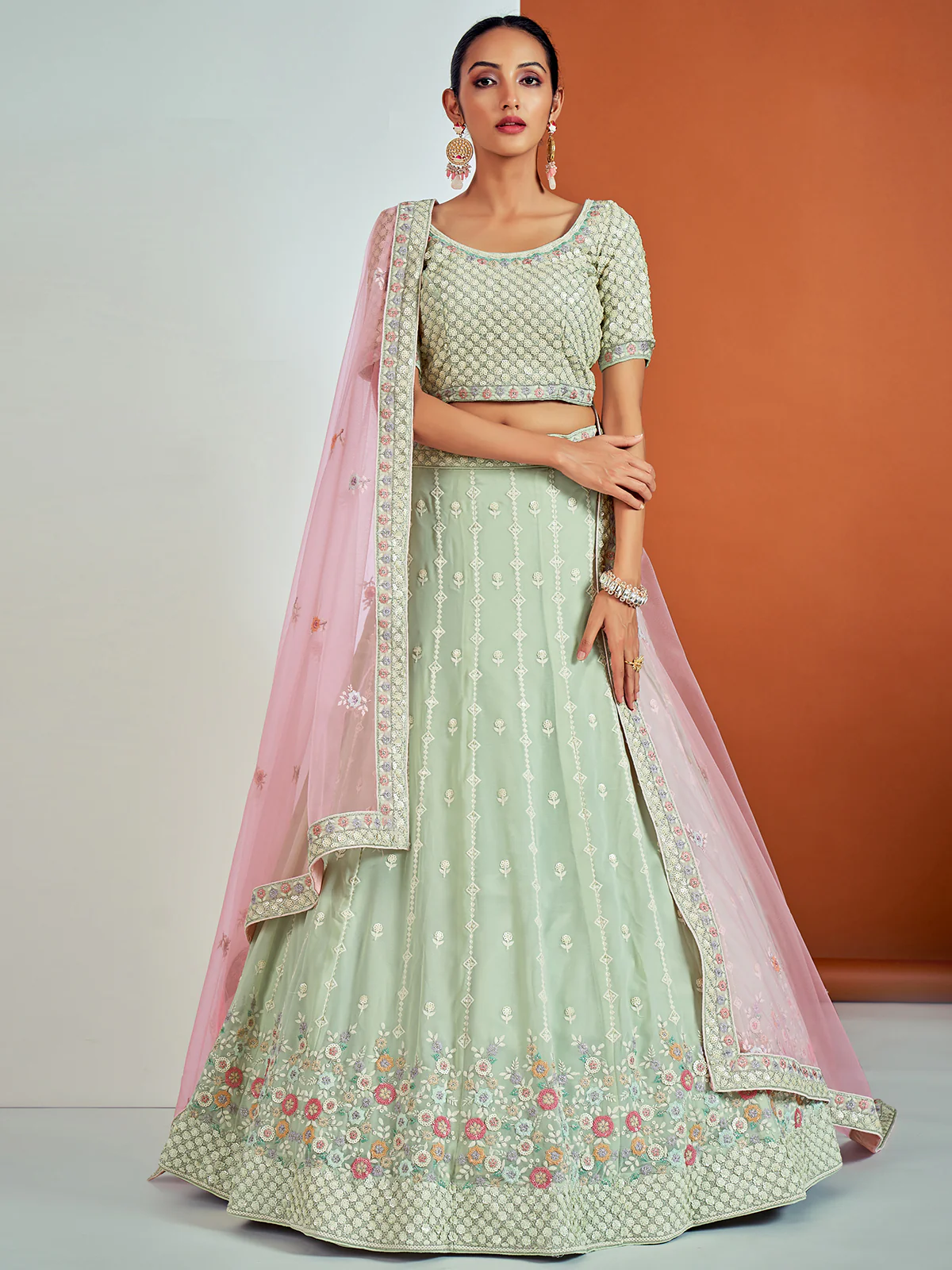Odette Women Designer Sea Green Georgette Semi Stitched Lehenga With Unstitched Blouse