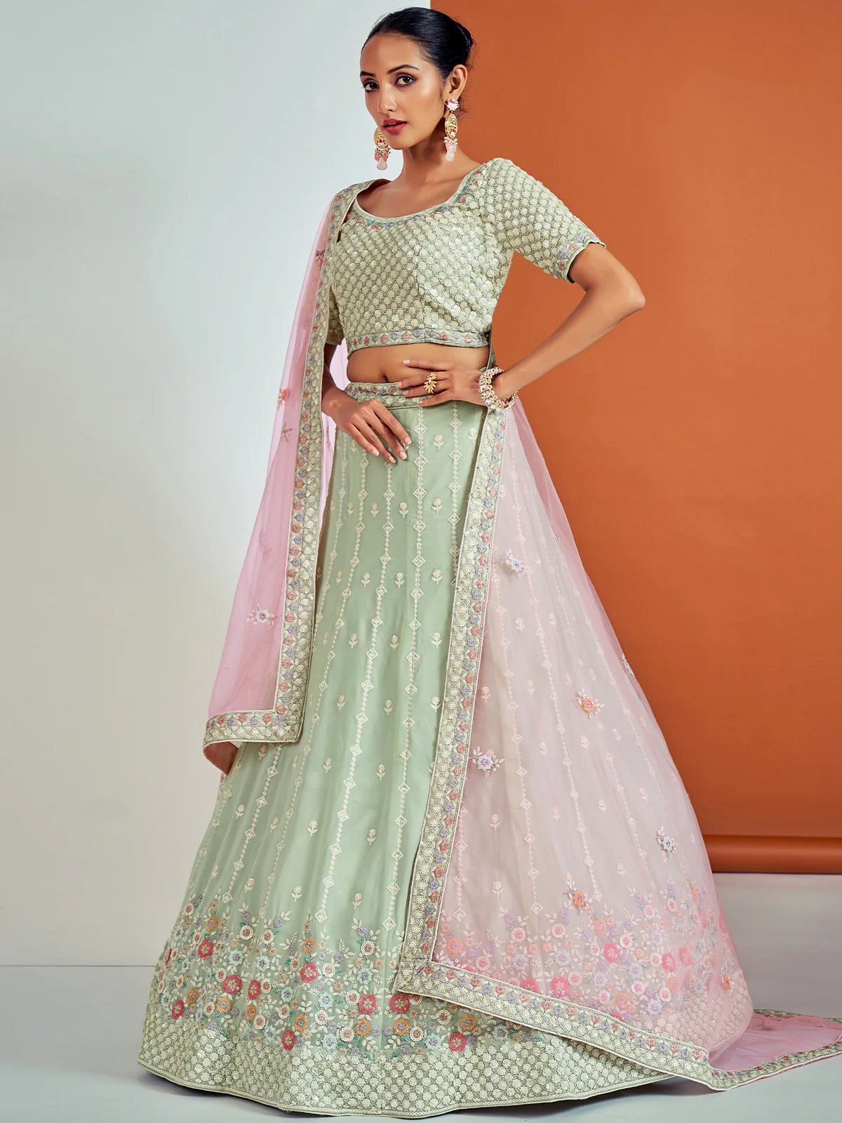 Odette Women Designer Sea Green Georgette Semi Stitched Lehenga With Unstitched Blouse - Image 3