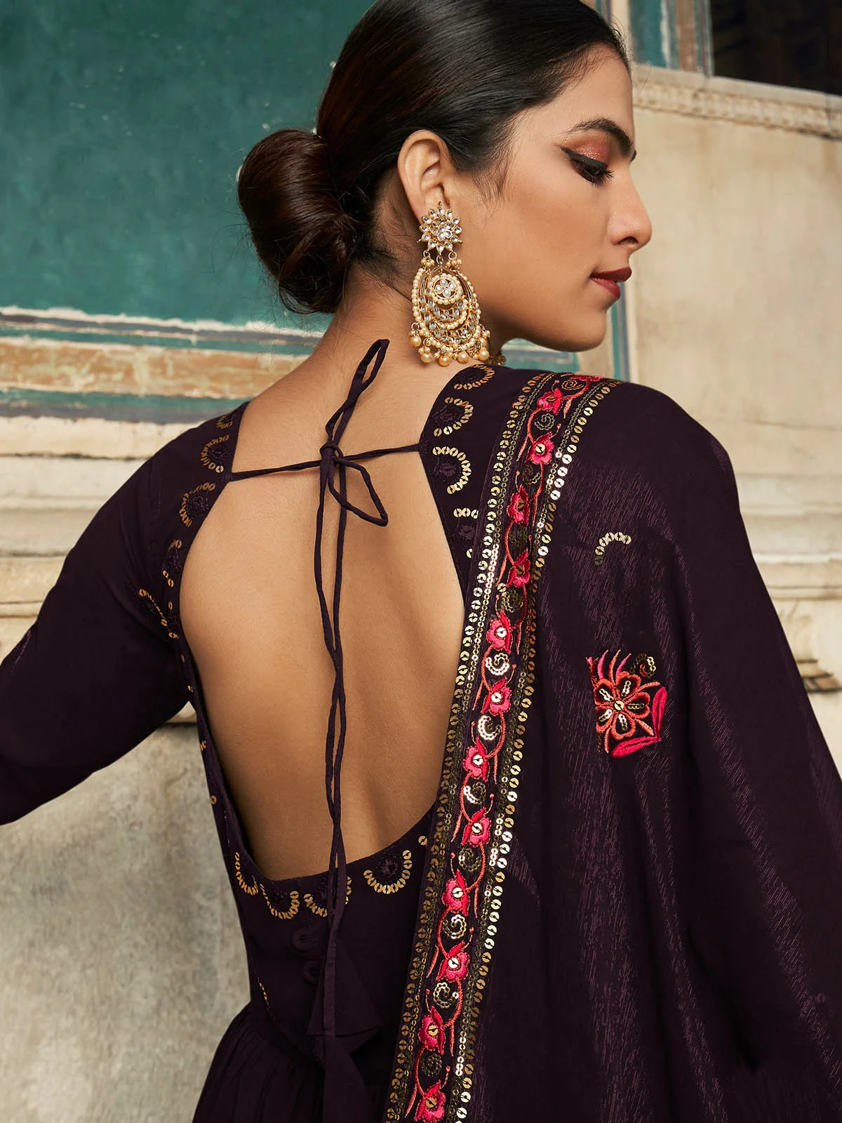Odette Women Designer Violet Georgette Semi Stitched Gown - Image 3