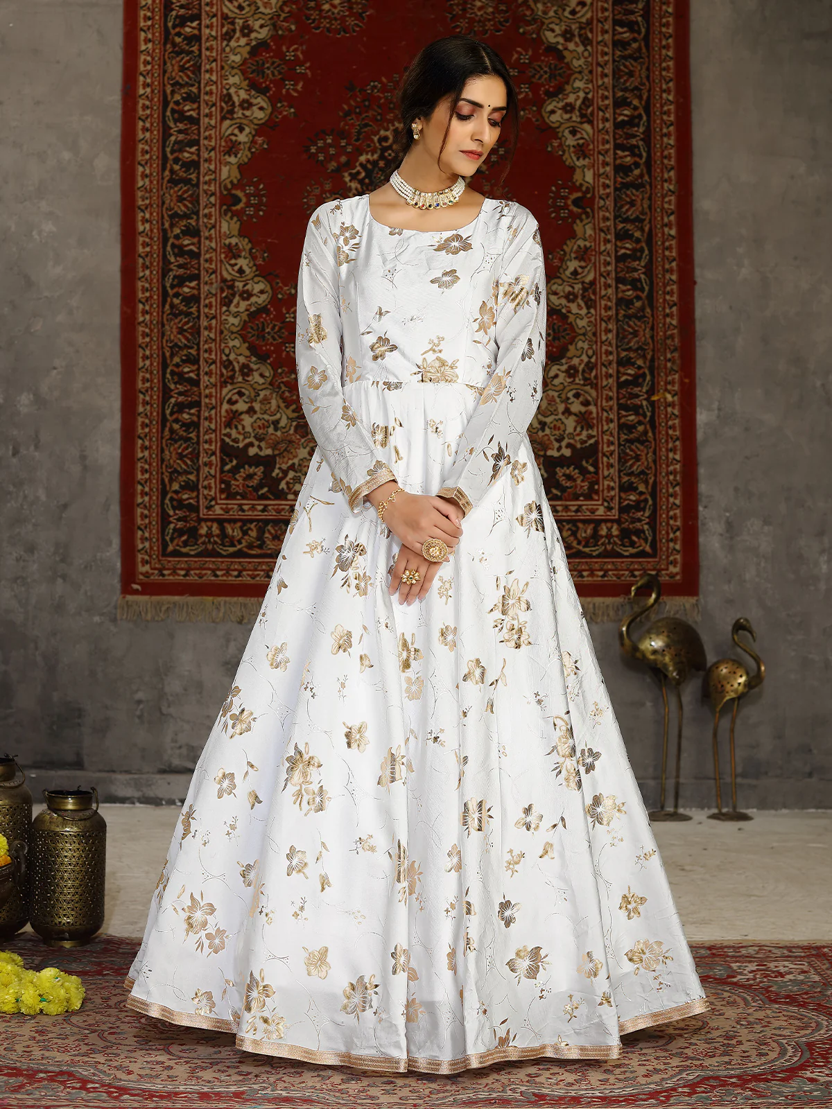 Odette Women Designer White Taffeta Semi Stitched Gown - Image 3