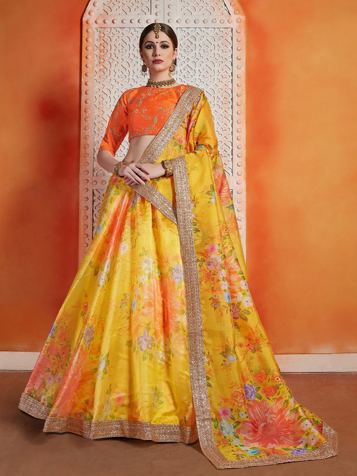 Odette Women Designer Yellow Organza Semi Stitched Lehenga With Unstitched Blouse