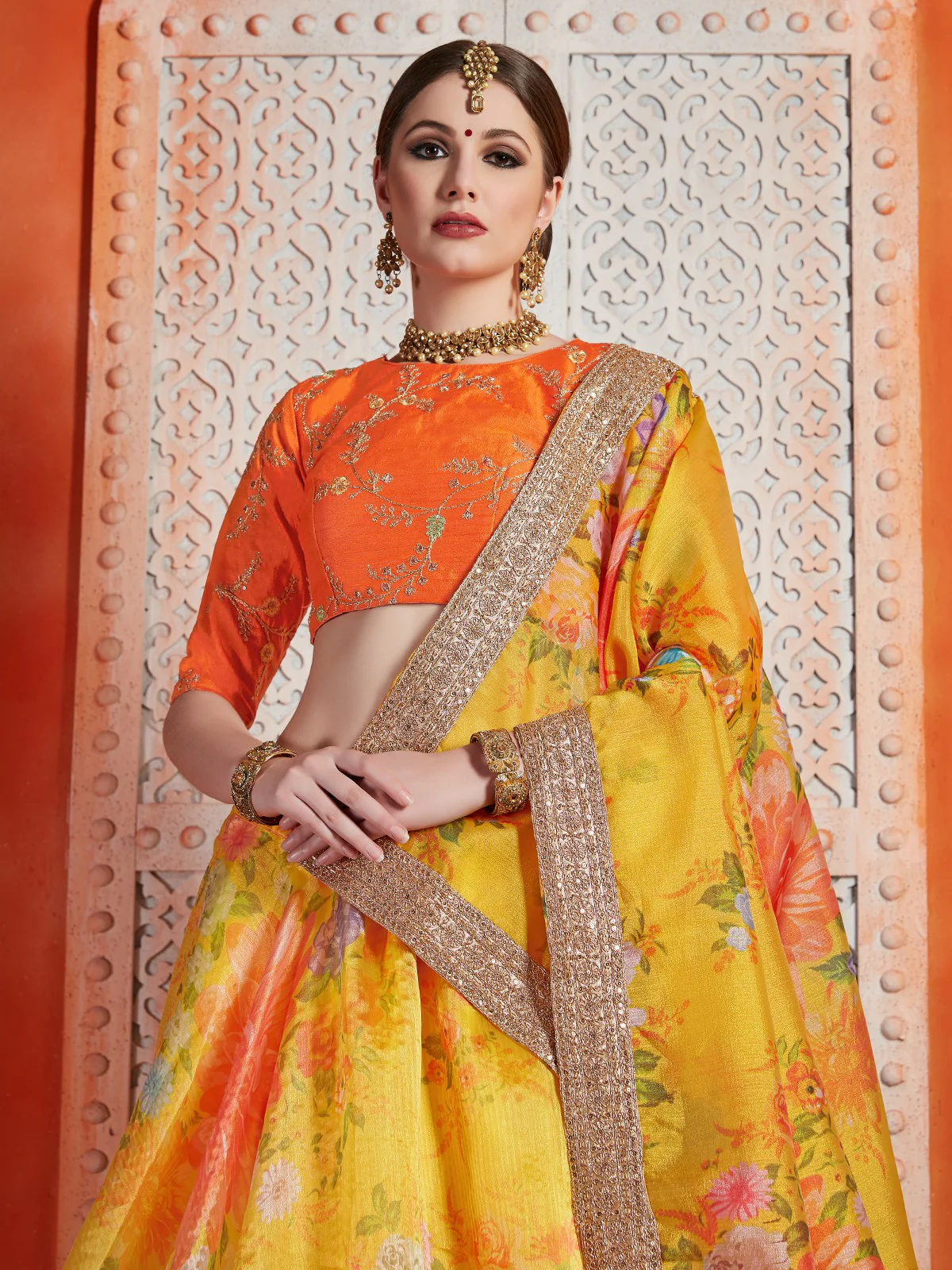 Odette Women Designer Yellow Organza Semi Stitched Lehenga With Unstitched Blouse - Image 2