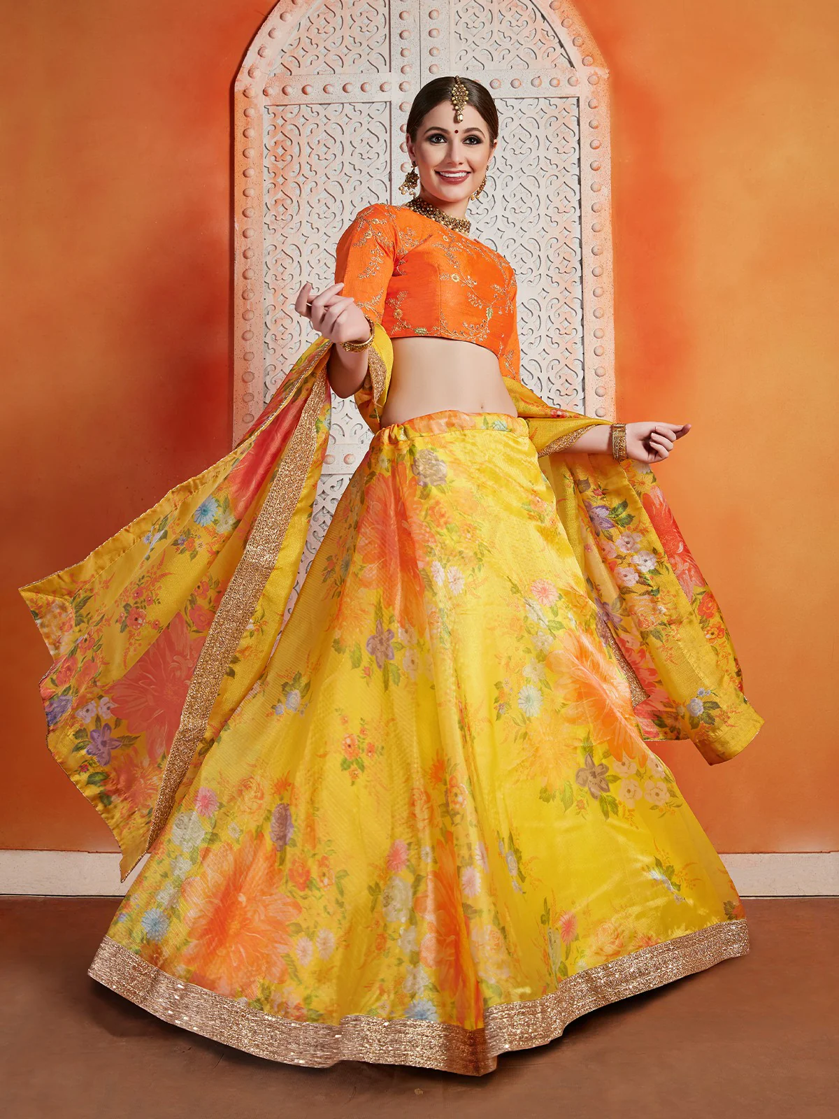 Odette Women Designer Yellow Organza Semi Stitched Lehenga With Unstitched Blouse - Image 3