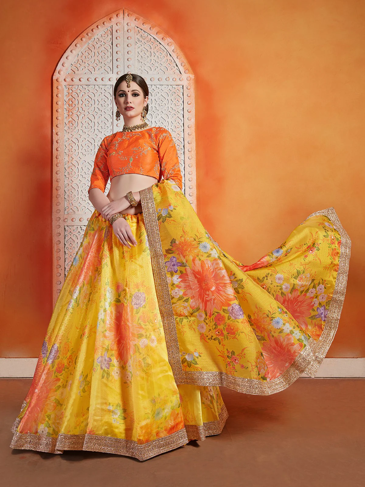 Odette Women Designer Yellow Organza Semi Stitched Lehenga With Unstitched Blouse - Image 4