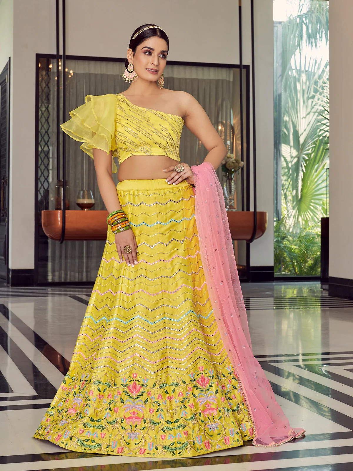Odette Women Designer Yellow Art Silk Semi Stitched Lehenga With Unstitched Blouse