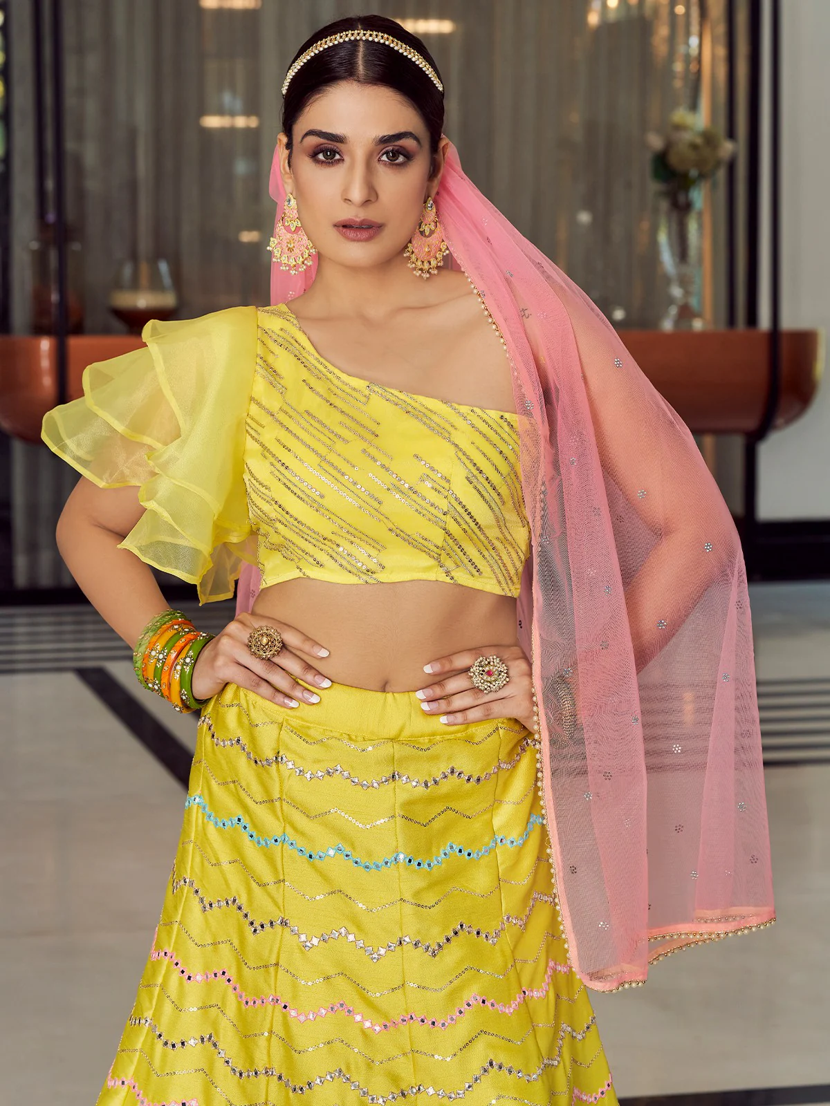 Odette Women Designer Yellow Art Silk Semi Stitched Lehenga With Unstitched Blouse - Image 3