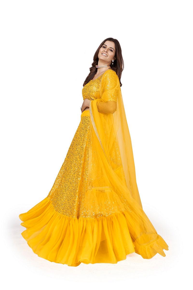 Odette Women Designer Yellow Georgette Semi Stitched Lehenga With  Unstitched Blouse - Image 2