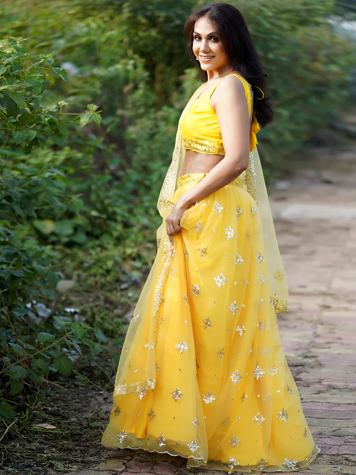 Odette Women Designer Yellow Net Semi Stitched Lehenga With Unstitched Blouse - Image 3