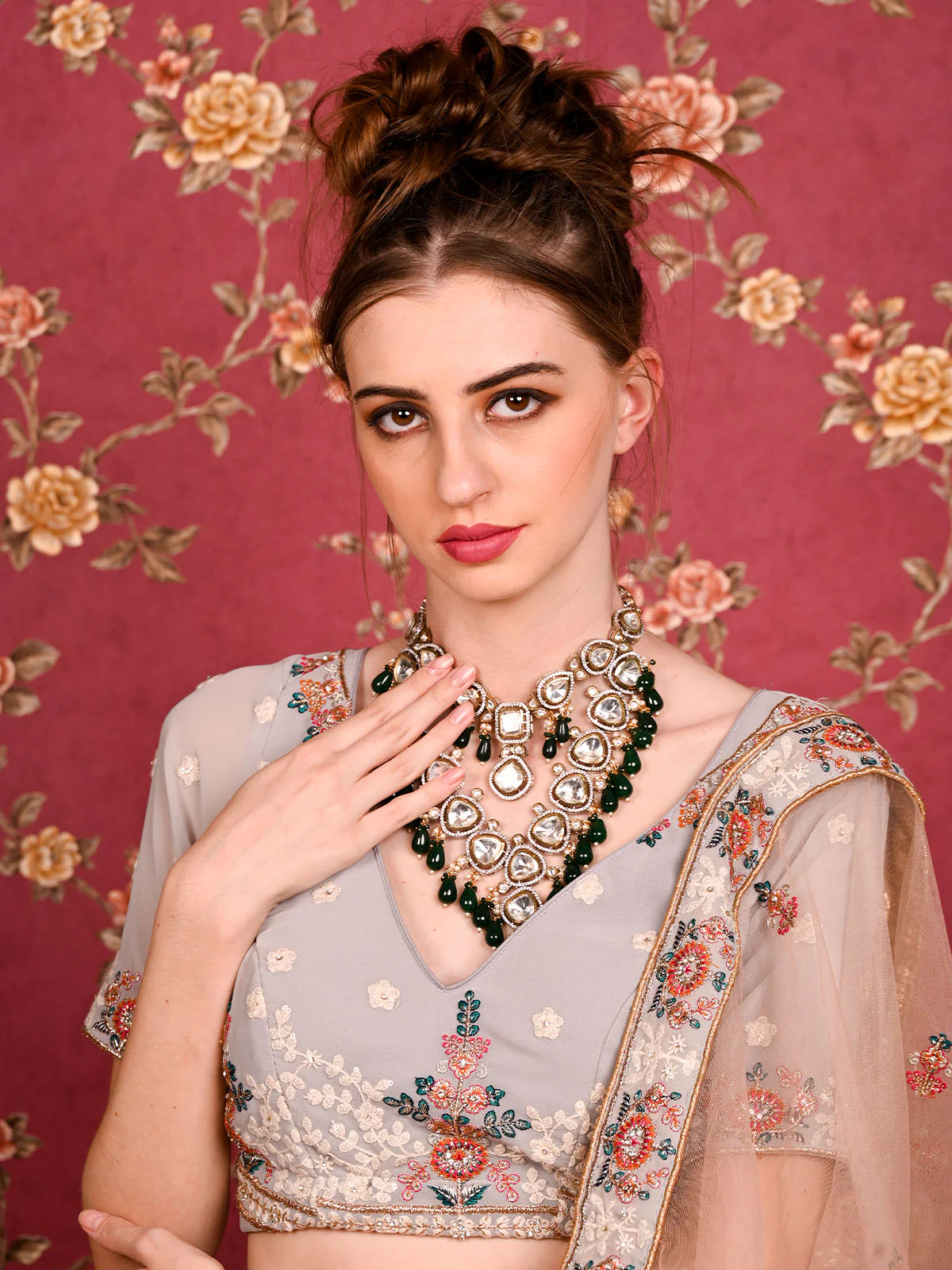 Odette Women Double Layered Bridal Long Necklace Set - Image 2