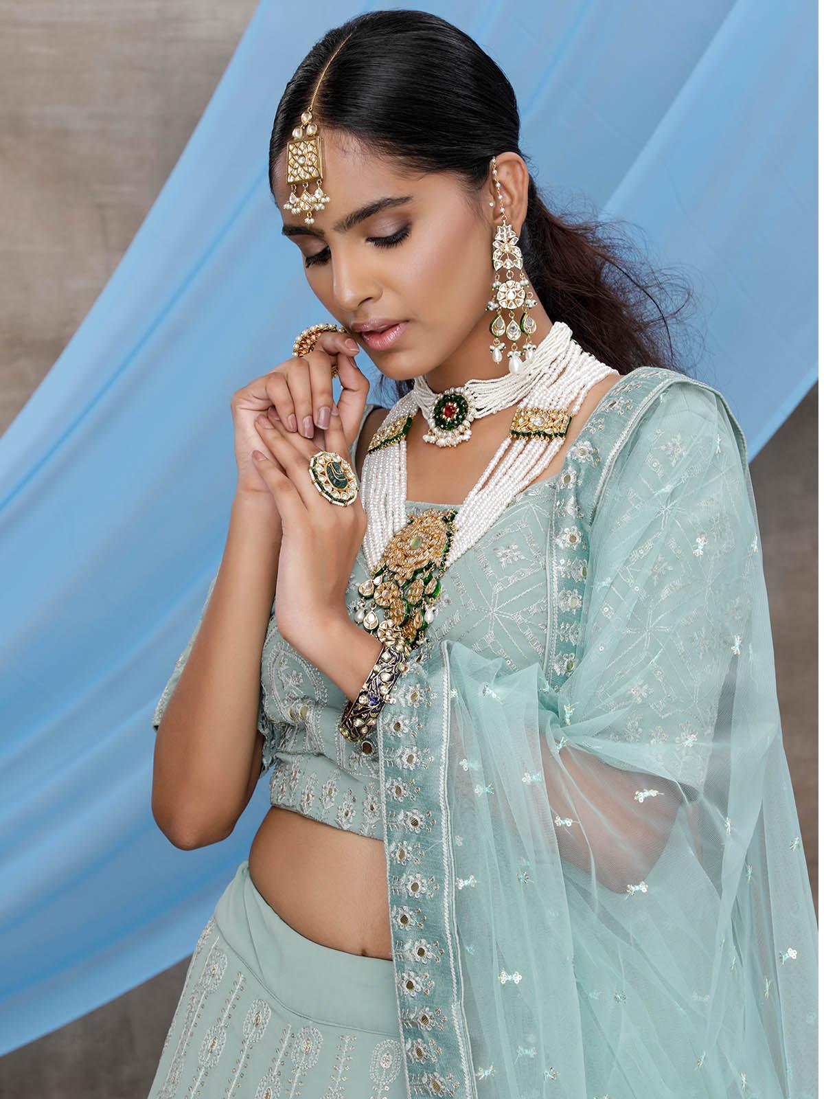 Odette Women Dusty Green Georgette Semi Stitched Lehenga With  Unstitched Blouse - Image 4