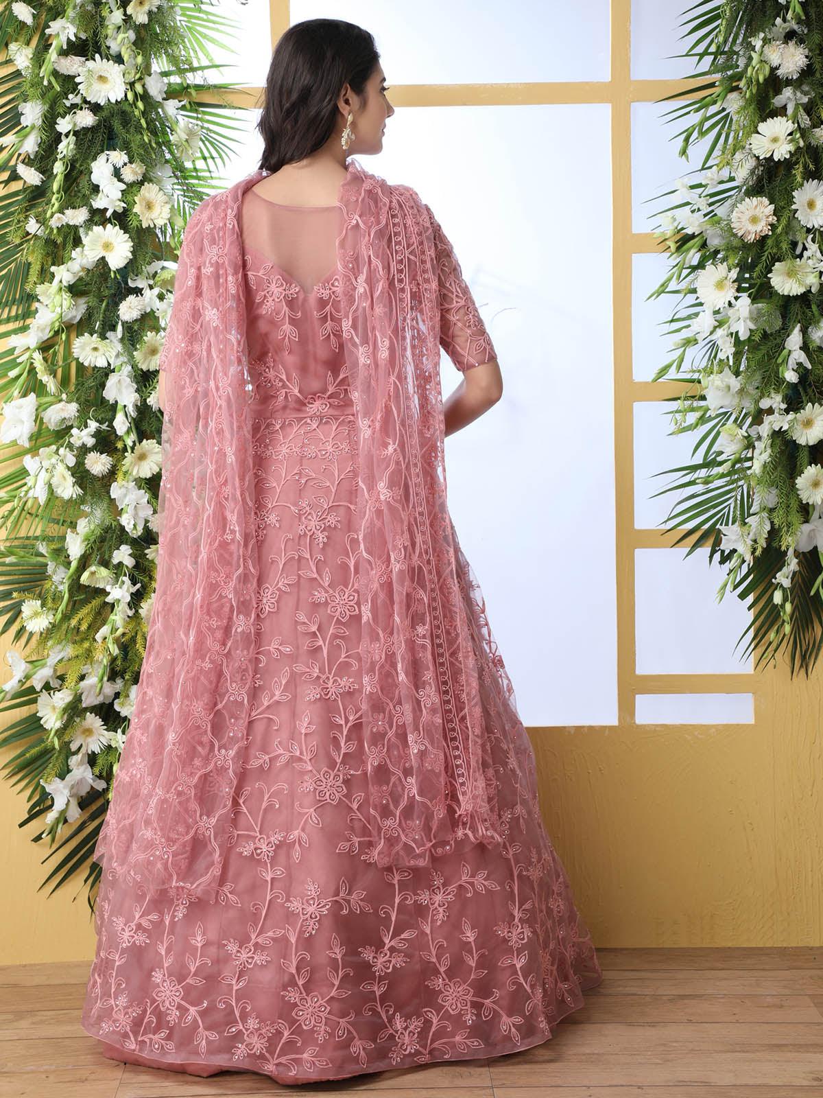 Odette Women Dusty Peach Net Semi Stitched Anarkali - Image 2