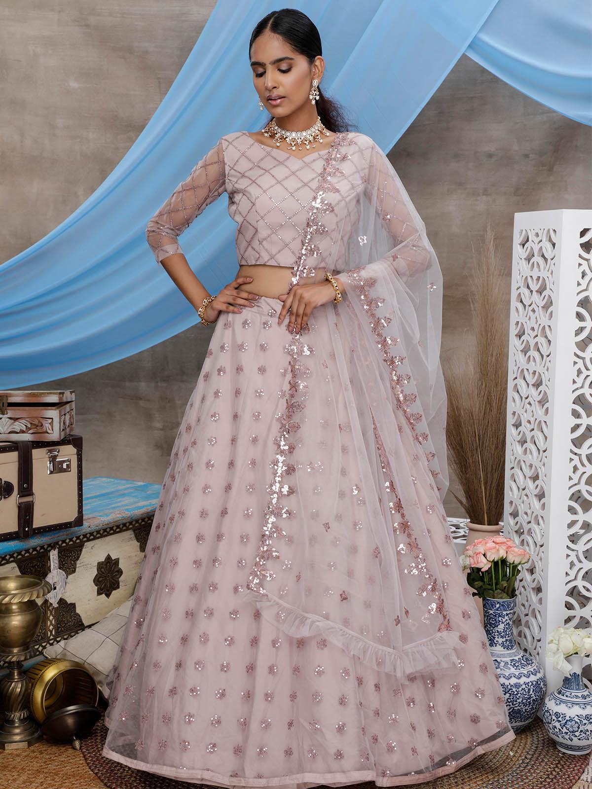 Odette Women Dusty Purple Sequins Net Semi Stitched Lehenga With  Unstitched Blouse - Image 3
