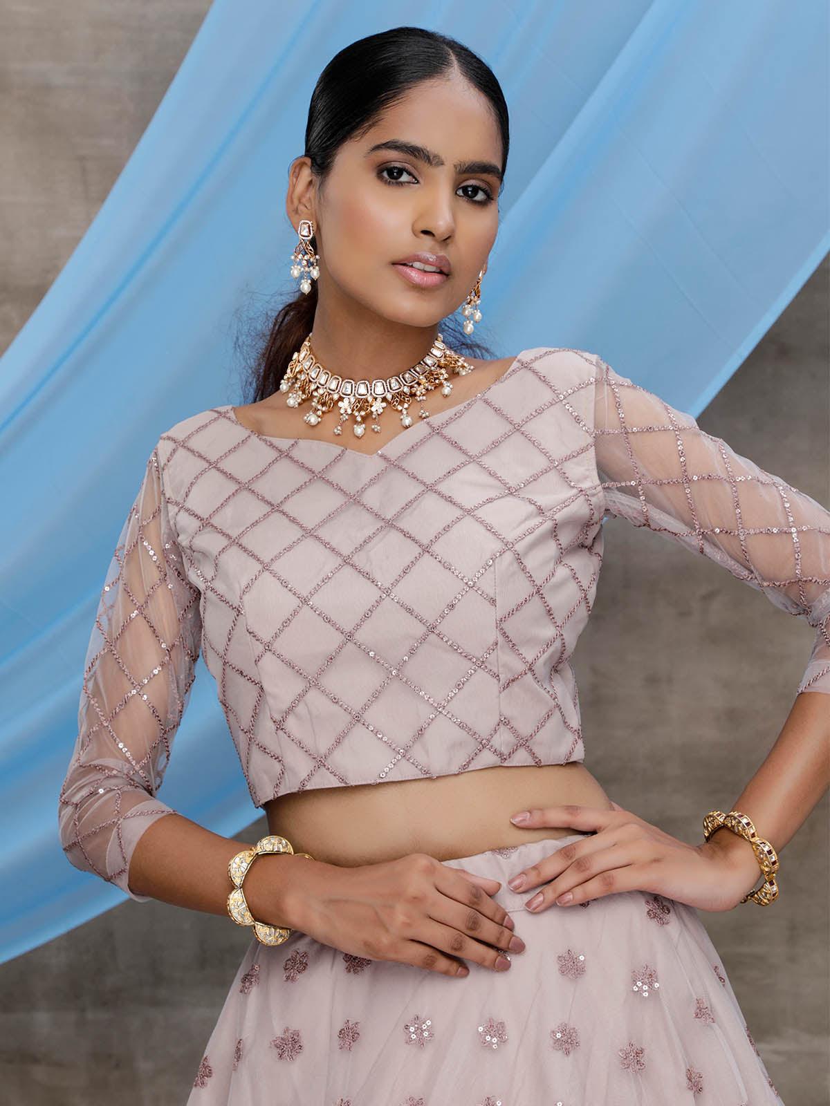 Odette Women Dusty Purple Sequins Net Semi Stitched Lehenga With  Unstitched Blouse - Image 4