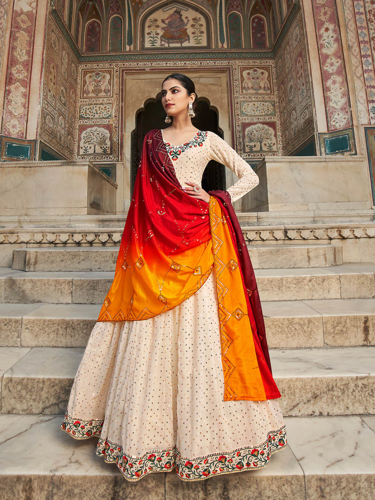 Odette Women Elegant Beige Georgette Semi Stitched Gown