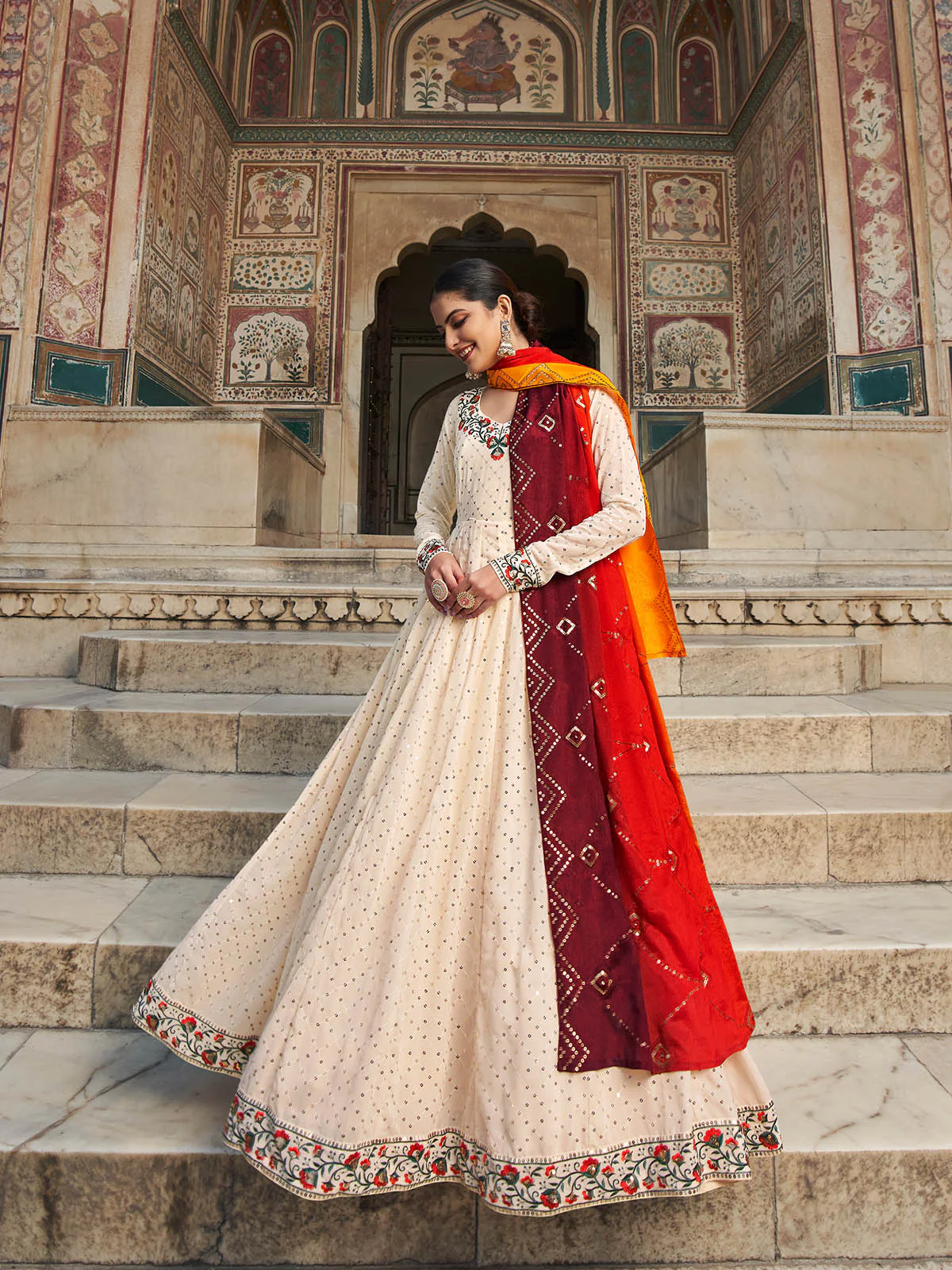 Odette Women Elegant Beige Georgette Semi Stitched Gown - Image 2