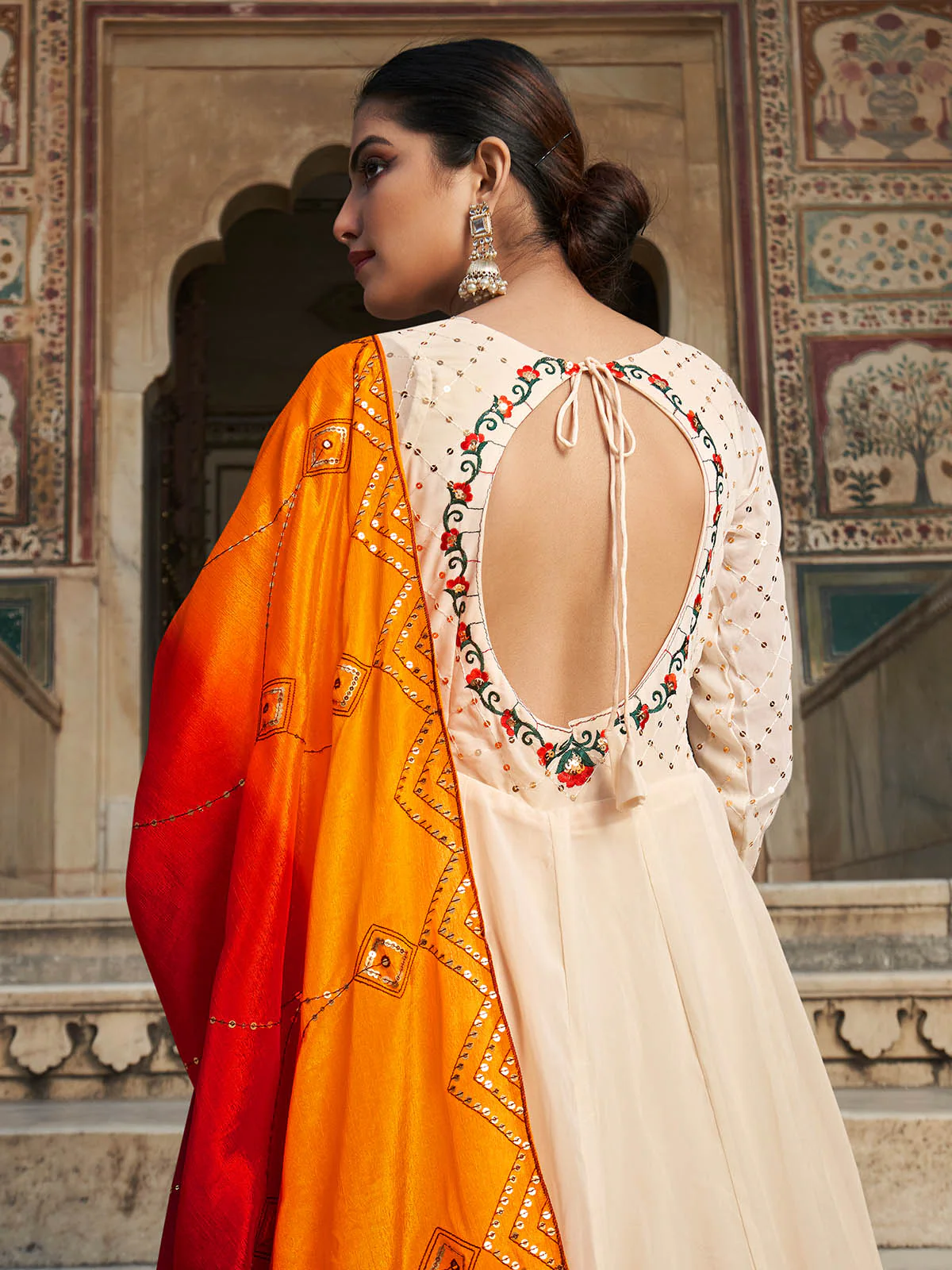 Odette Women Elegant Beige Georgette Semi Stitched Gown - Image 4