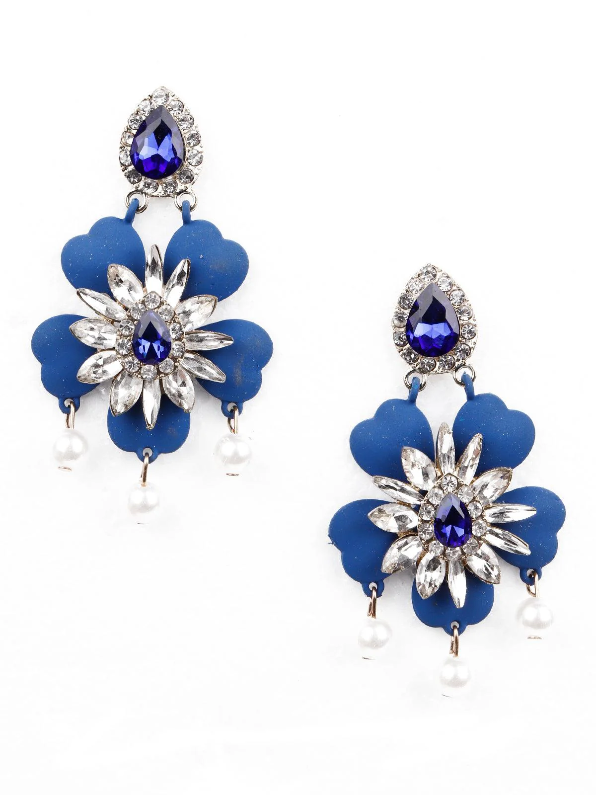Odette Women Elegant Blue Floral Statement Earrings - Image 3