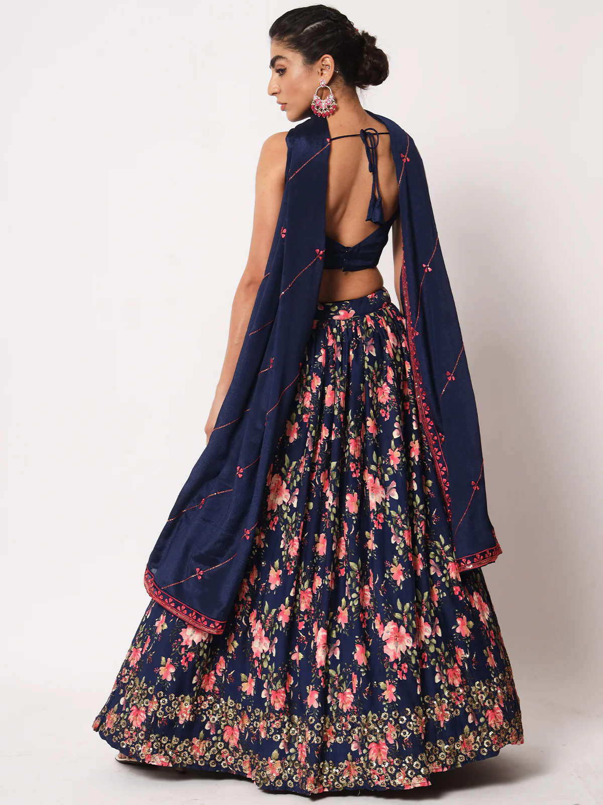 Odette Women Elegant Navy Blue Art Silk Semi-Stitched Lehenga Choli - Image 3