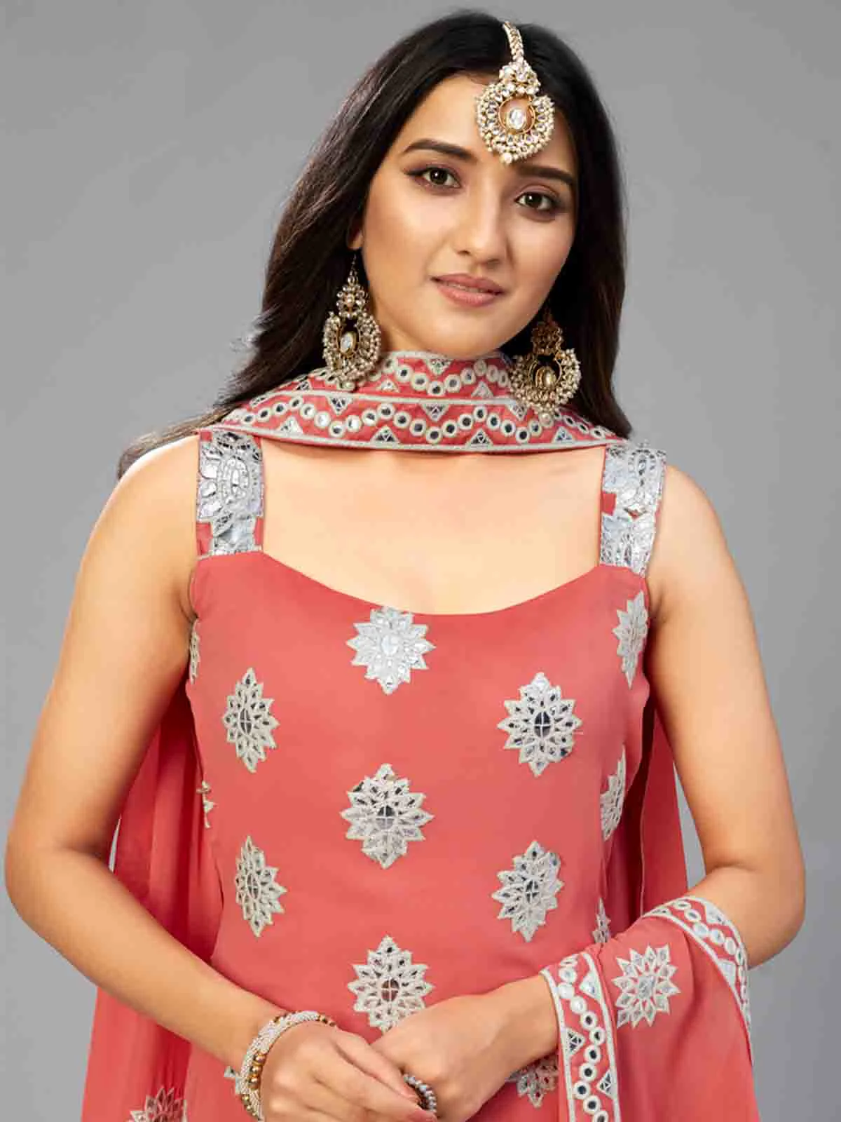 Odette Women Elegant Red Orange Semi Stitched Kurta Set - Image 2
