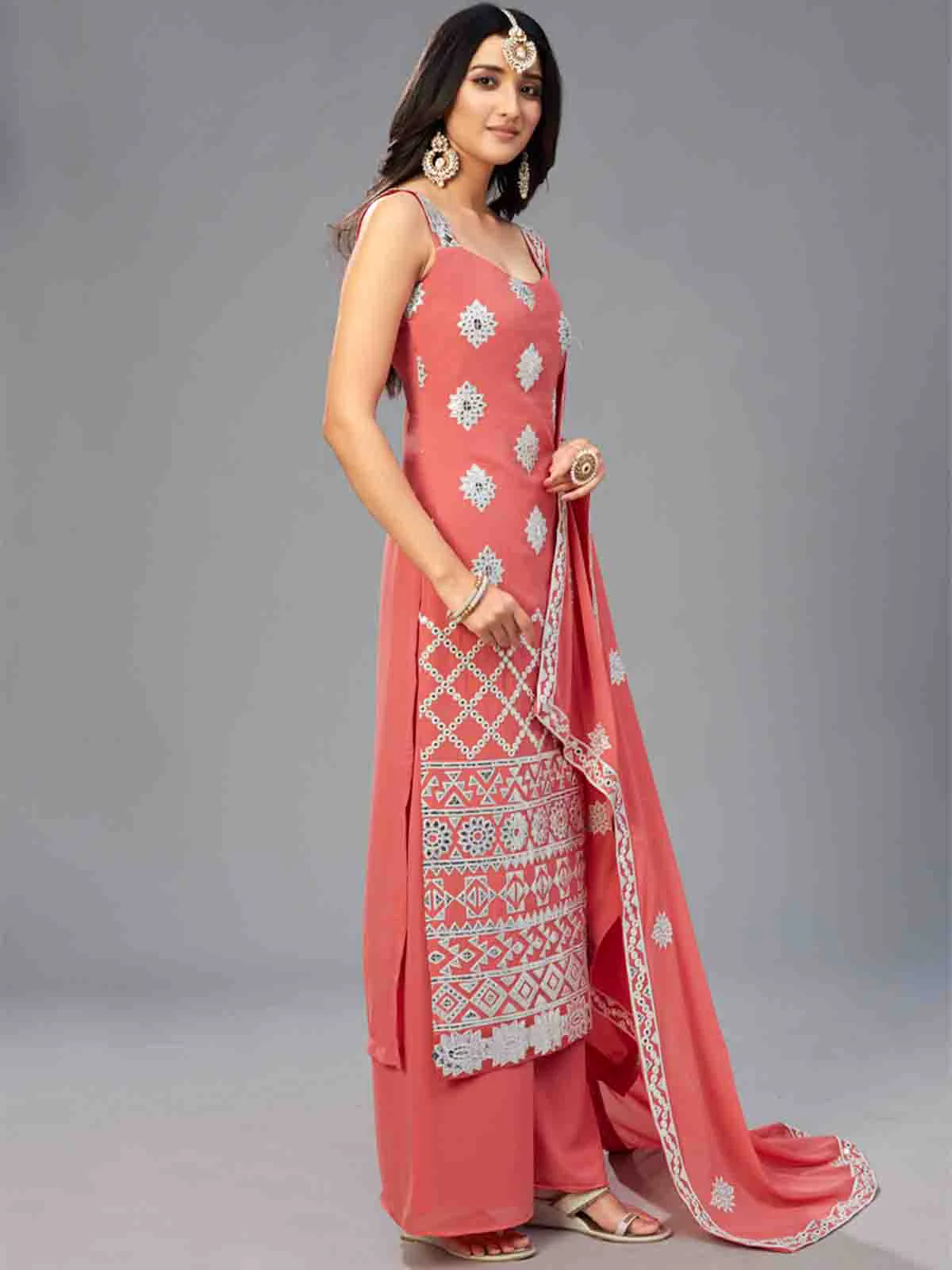 Odette Women Elegant Red Orange Semi Stitched Kurta Set - Image 3