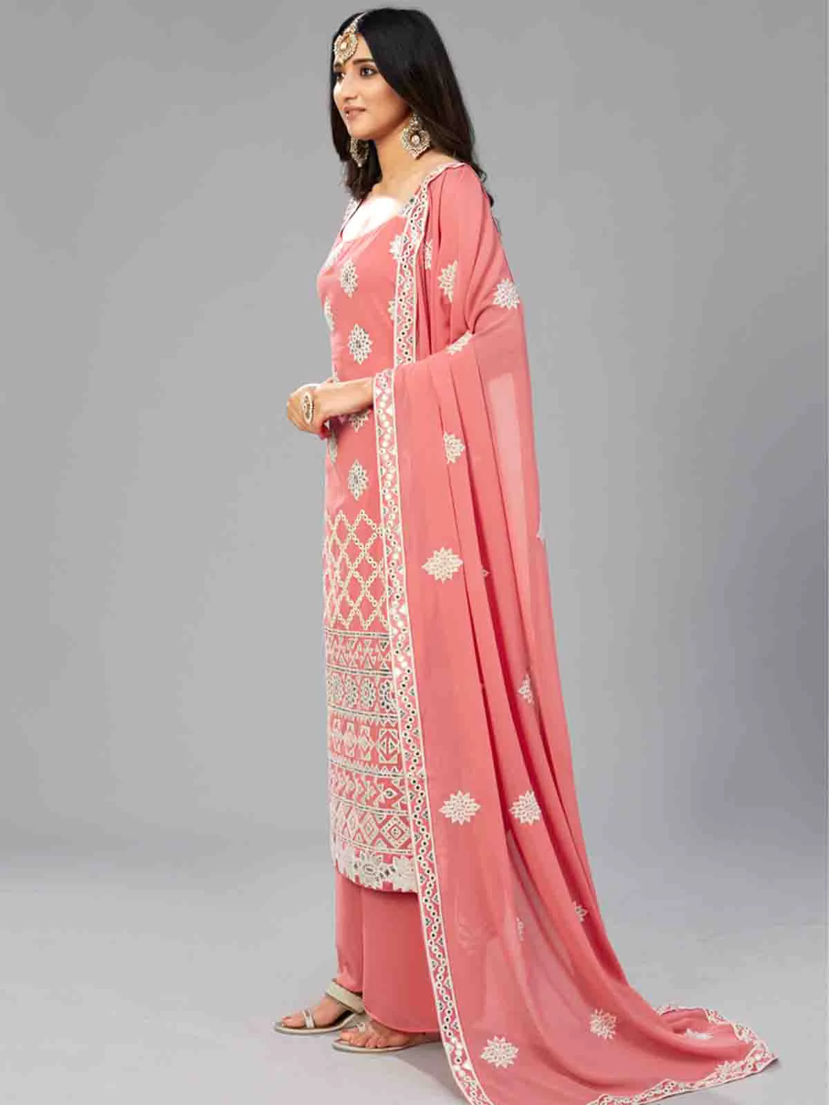 Odette Women Elegant Red Orange Semi Stitched Kurta Set - Image 4
