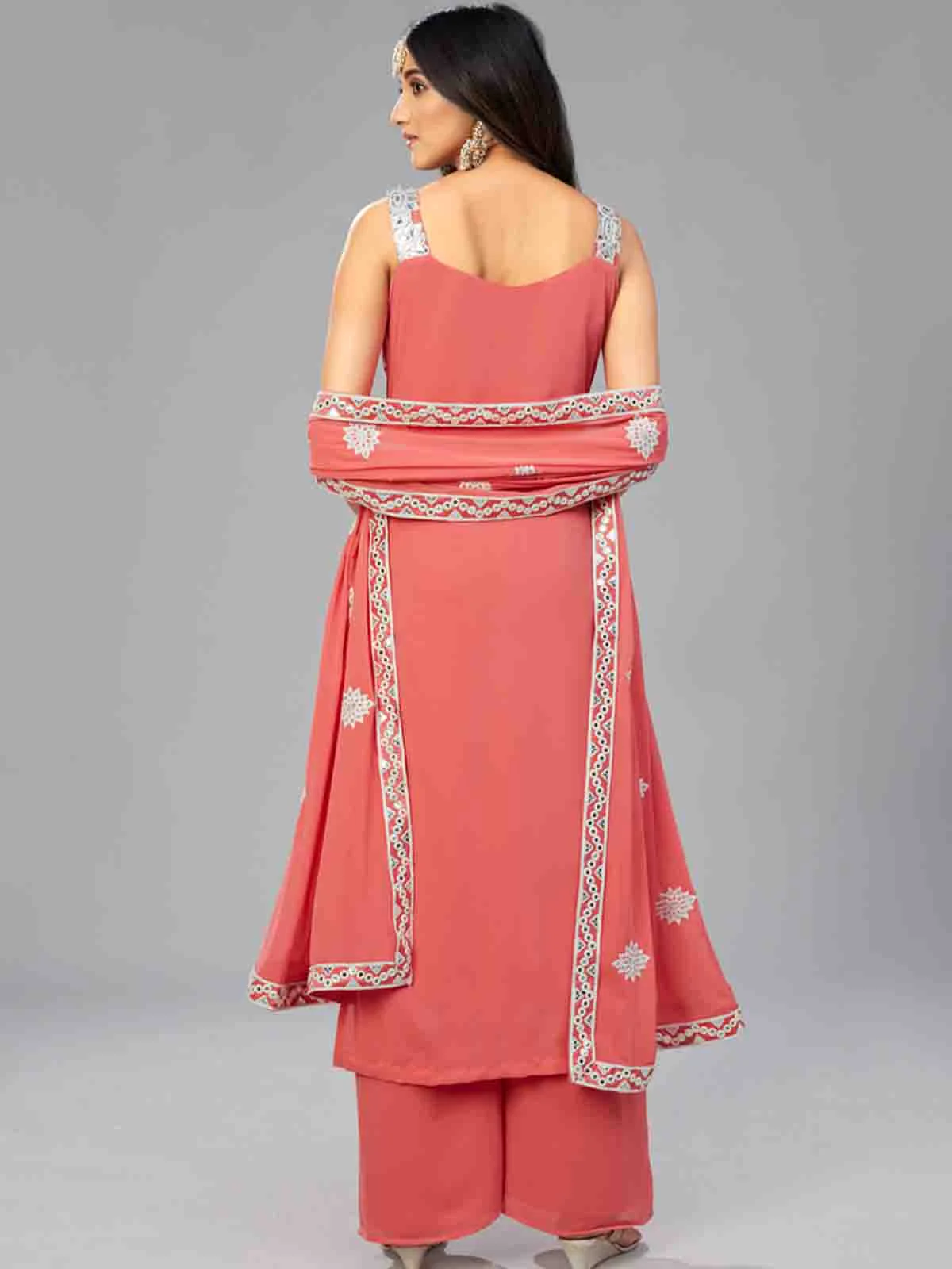 Odette Women Elegant Red Orange Semi Stitched Kurta Set - Image 6