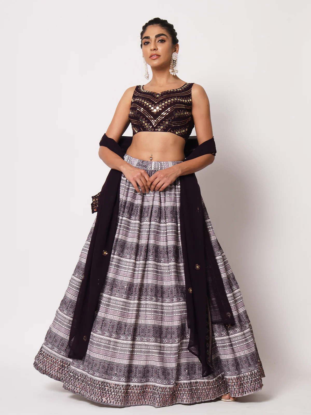 Odette Women Elegant Violet Art Silk Semi-Stitched Lehenga Choli