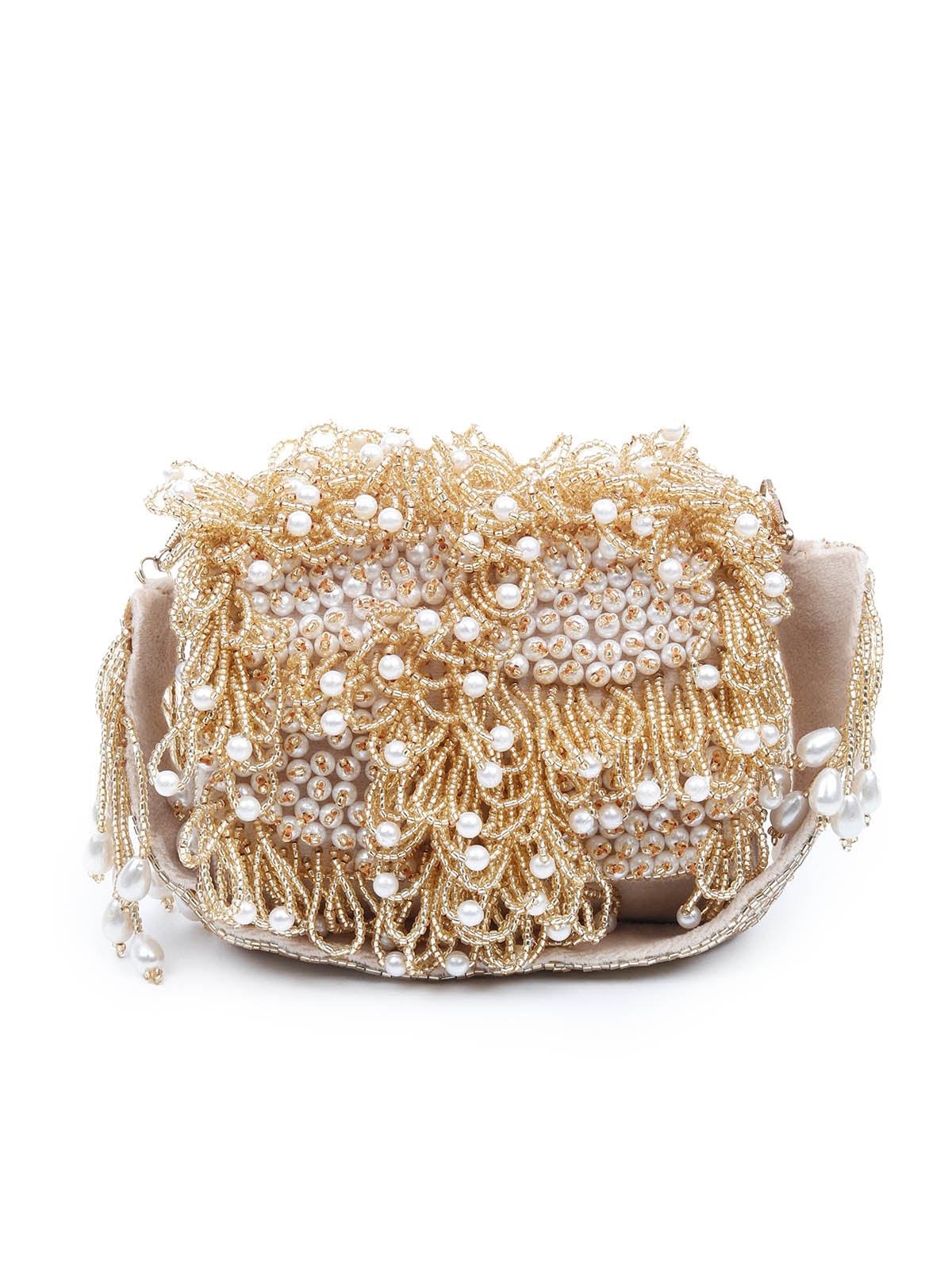 Odette Embellished Beige And Gold Clutch For Women - Image 3