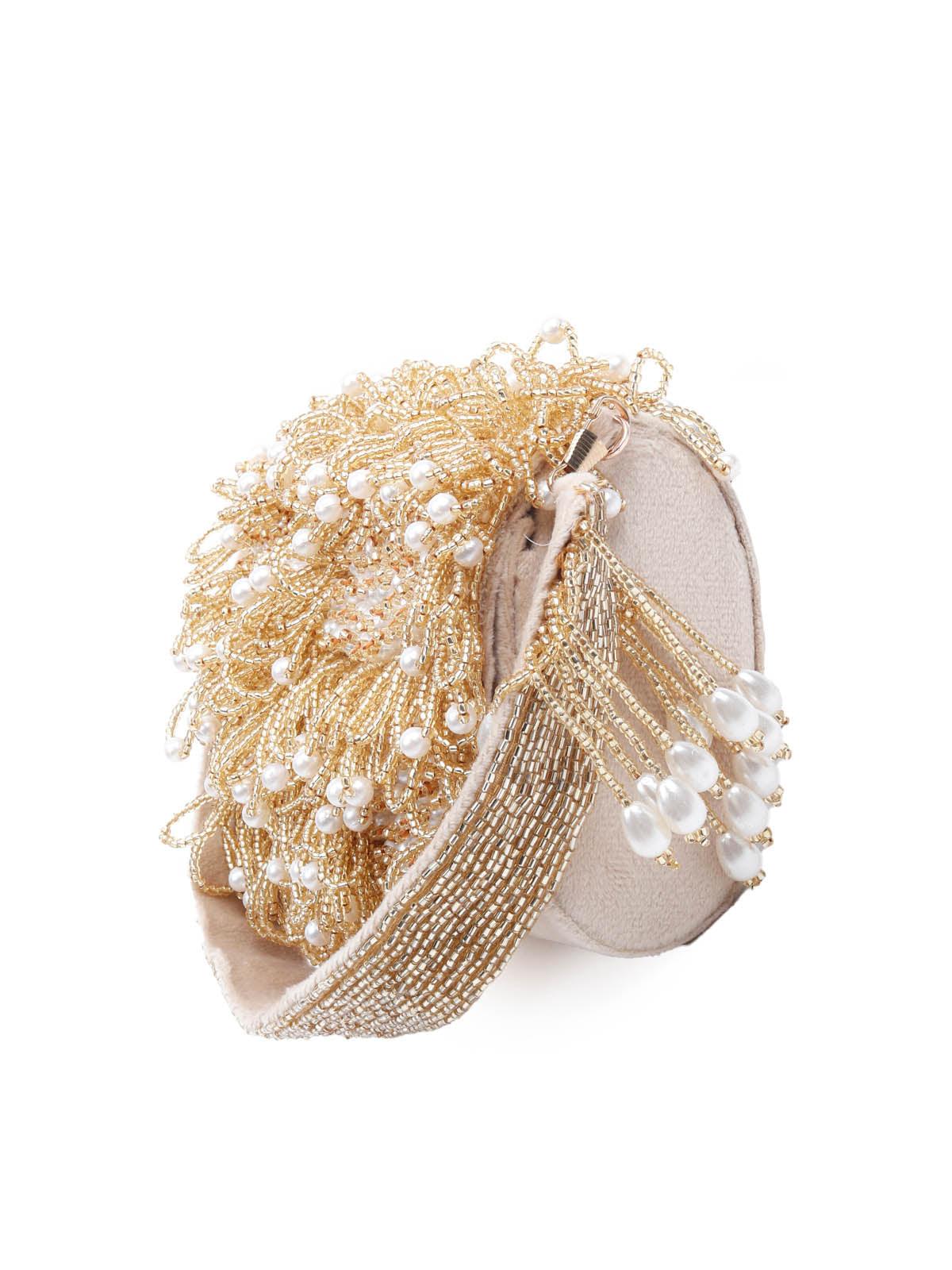 Odette Embellished Beige And Gold Clutch For Women - Image 4