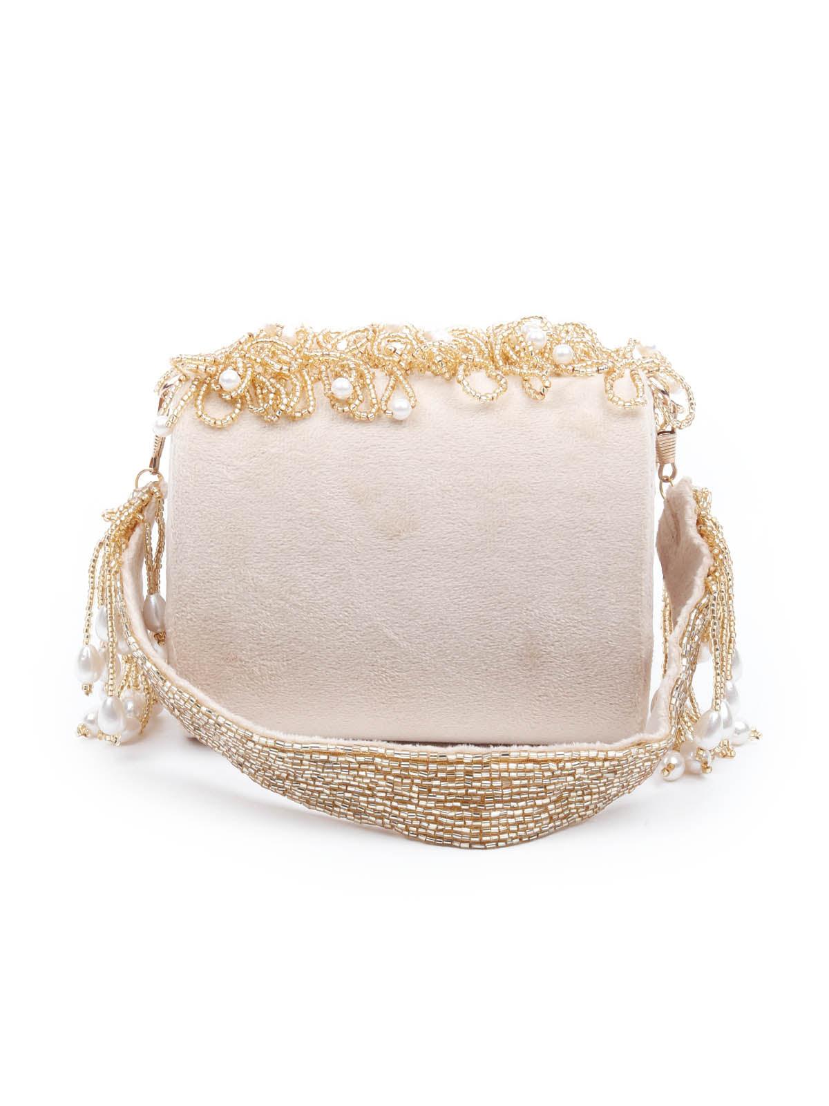 Odette Embellished Beige And Gold Clutch For Women - Image 5