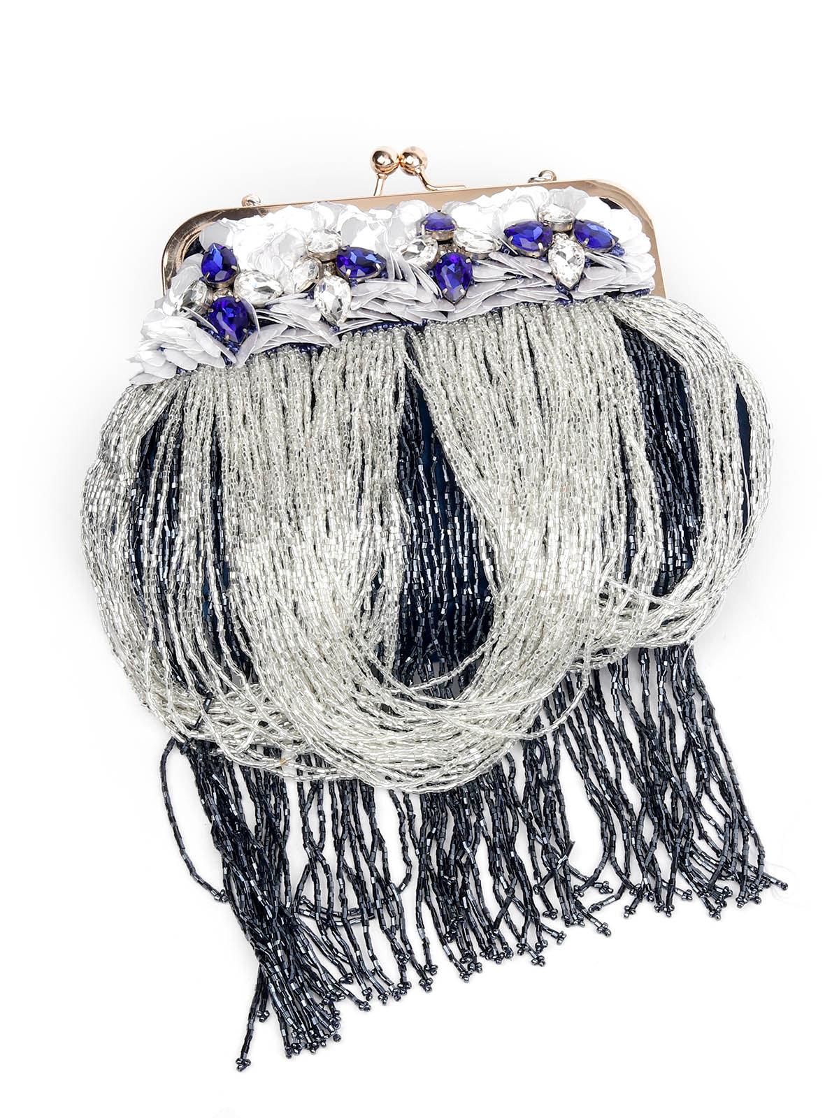 Odette Women Embellished Blue Clutch Bag With Tassels - Image 3