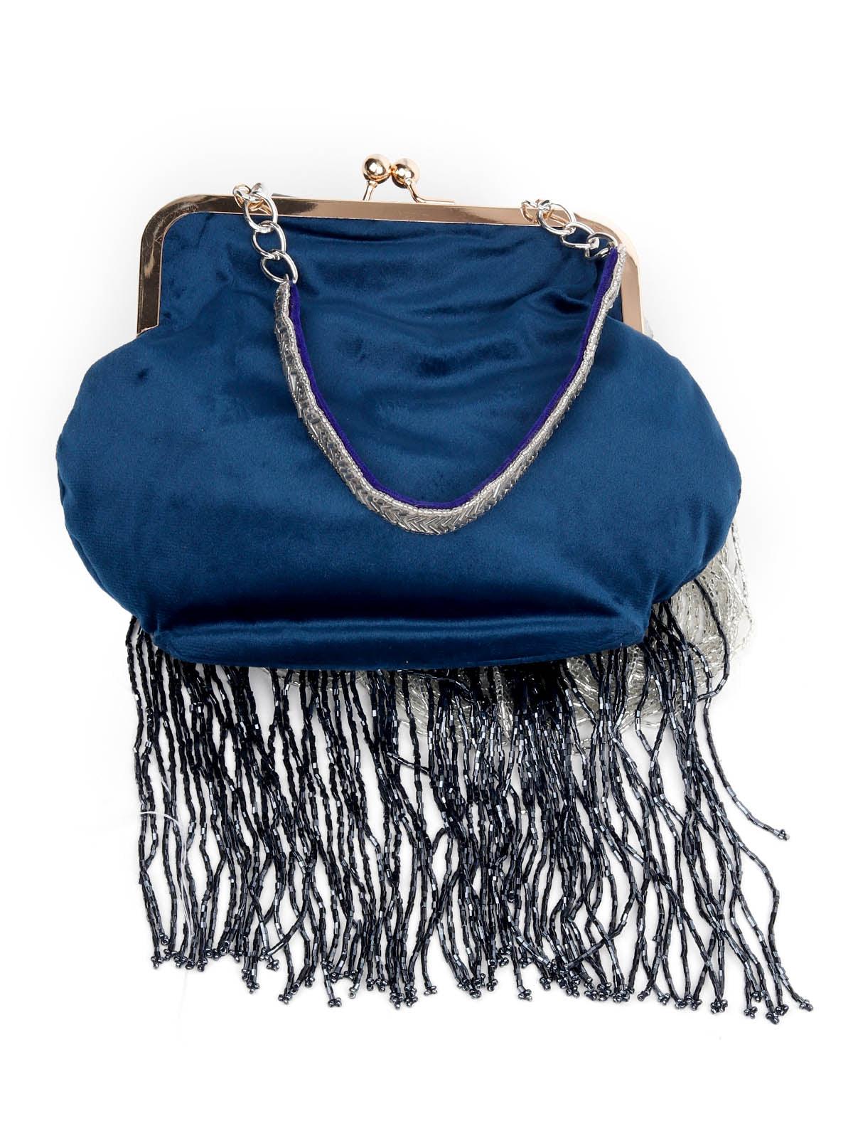 Odette Women Embellished Blue Clutch Bag With Tassels - Image 4