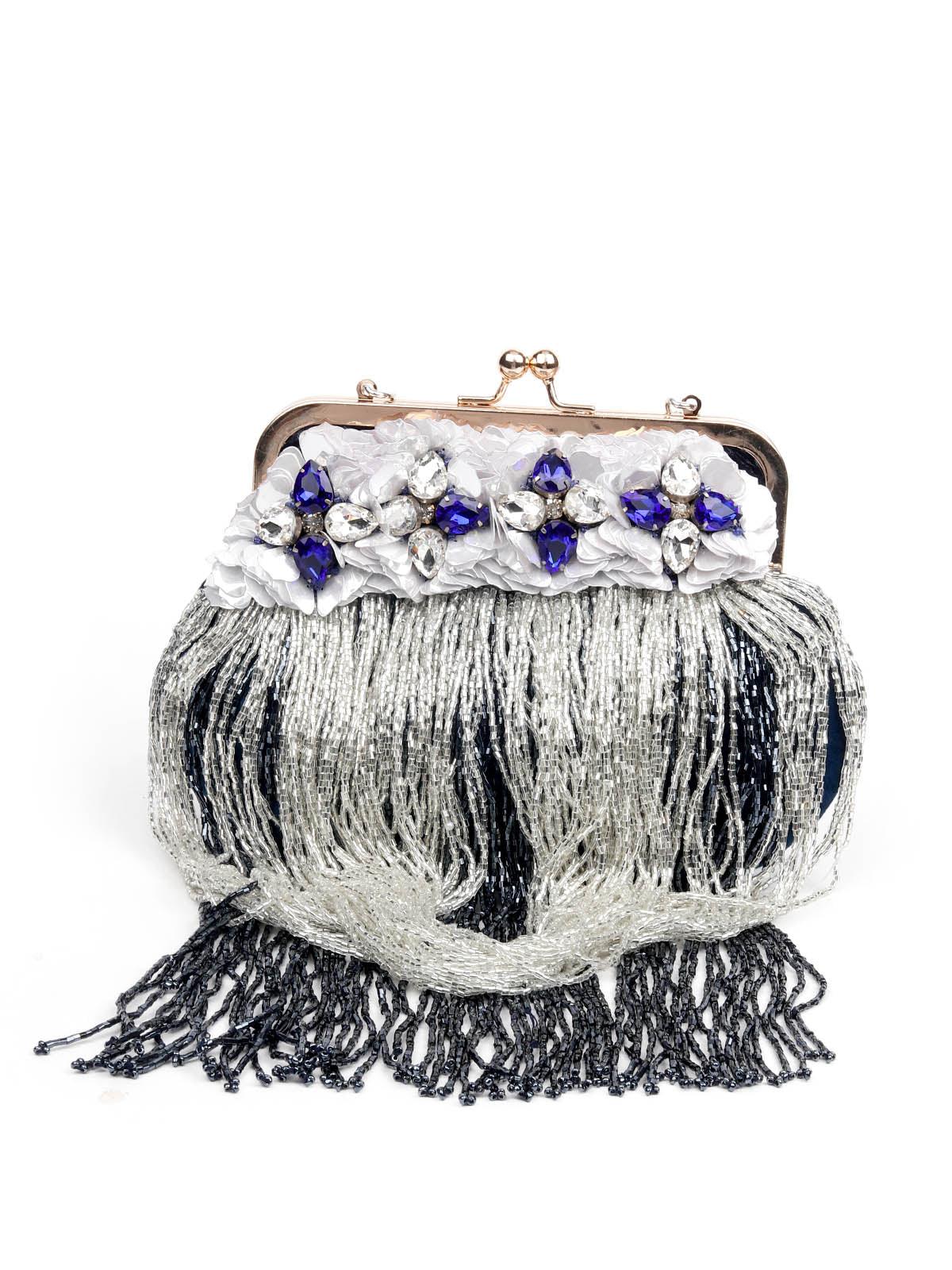 Odette Women Embellished Blue Clutch Bag With Tassels - Image 6