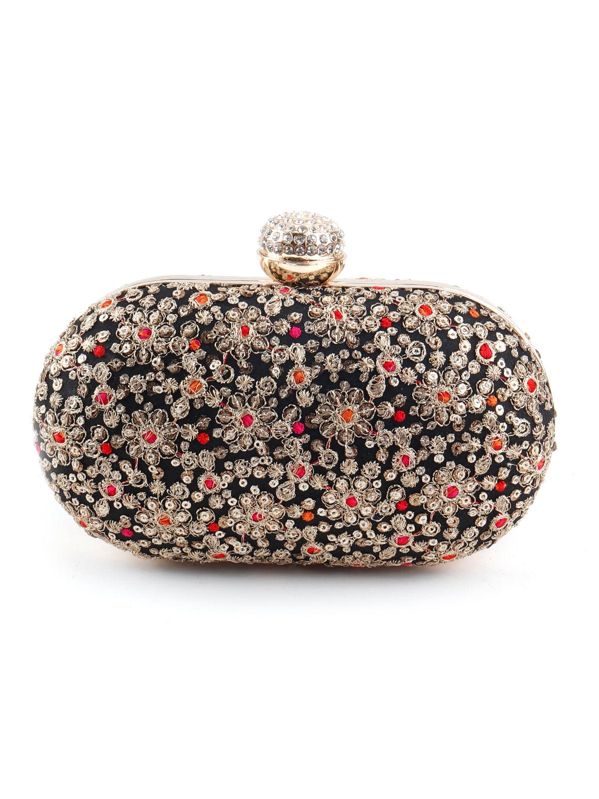 Odette Women Embroidered Black And Golden Clutch - Image 4