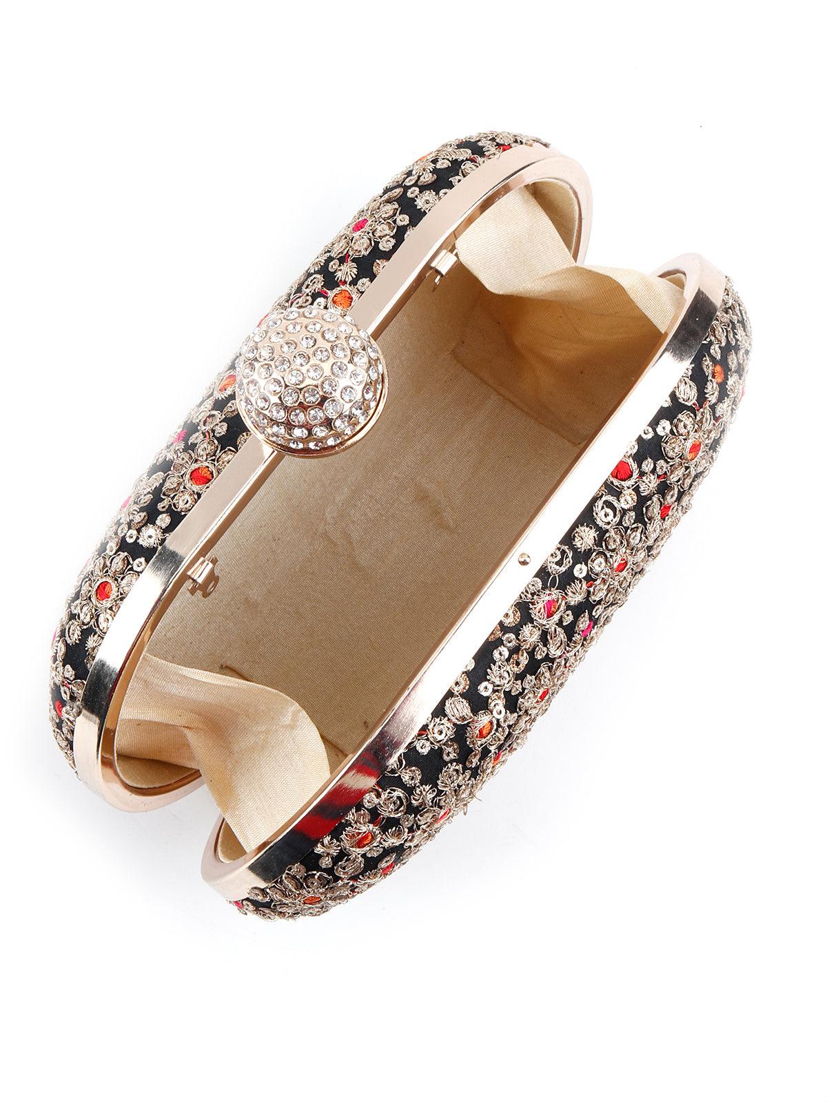 Odette Women Embroidered Black And Golden Clutch - Image 6