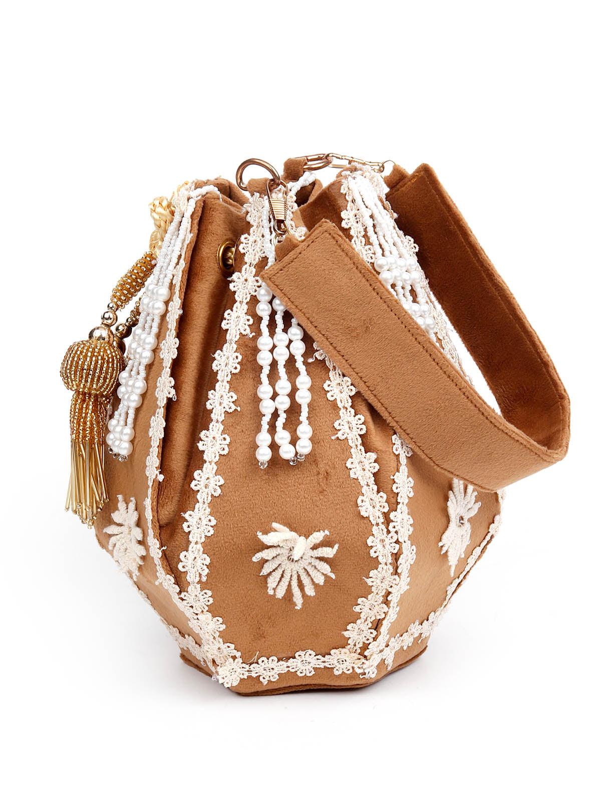 Odette Women Embroidered Fawn Potli Bag - Image 5
