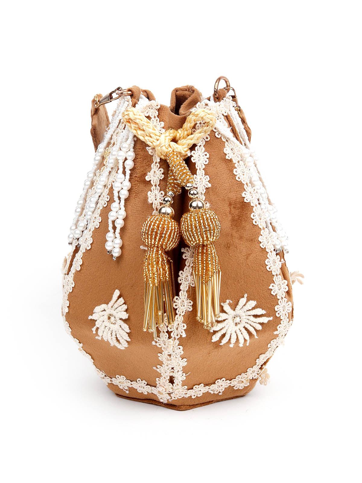 Odette Women Embroidered Fawn Potli Bag - Image 6