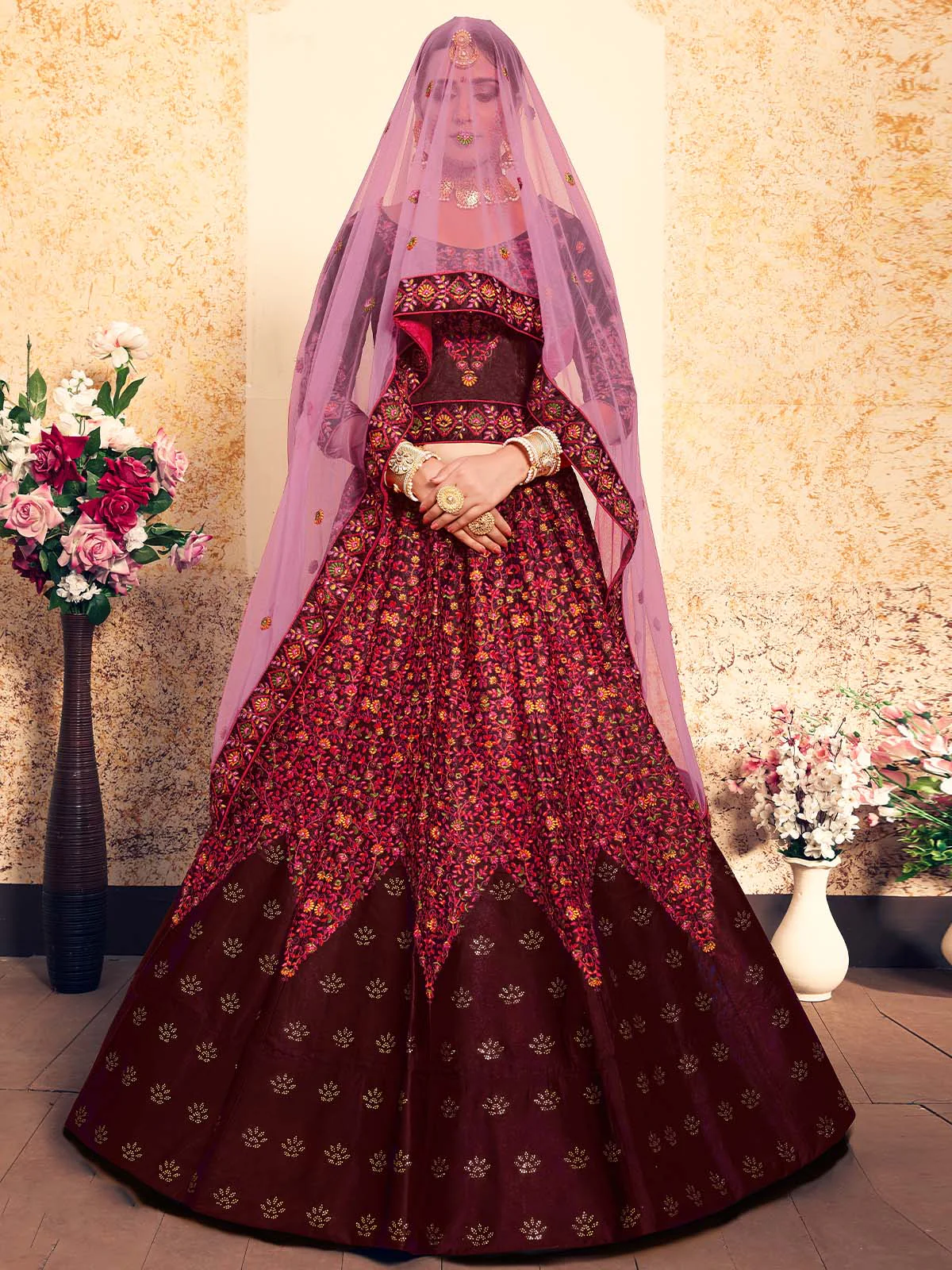 Odette Women Embroidered Modern Maroon Semi Stitched Lehenga With Unstitched Blouse - Image 2