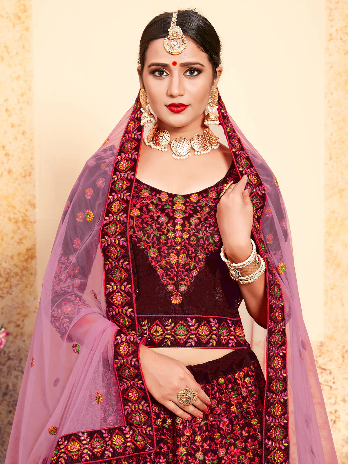 Odette Women Embroidered Modern Maroon Semi Stitched Lehenga With Unstitched Blouse - Image 3