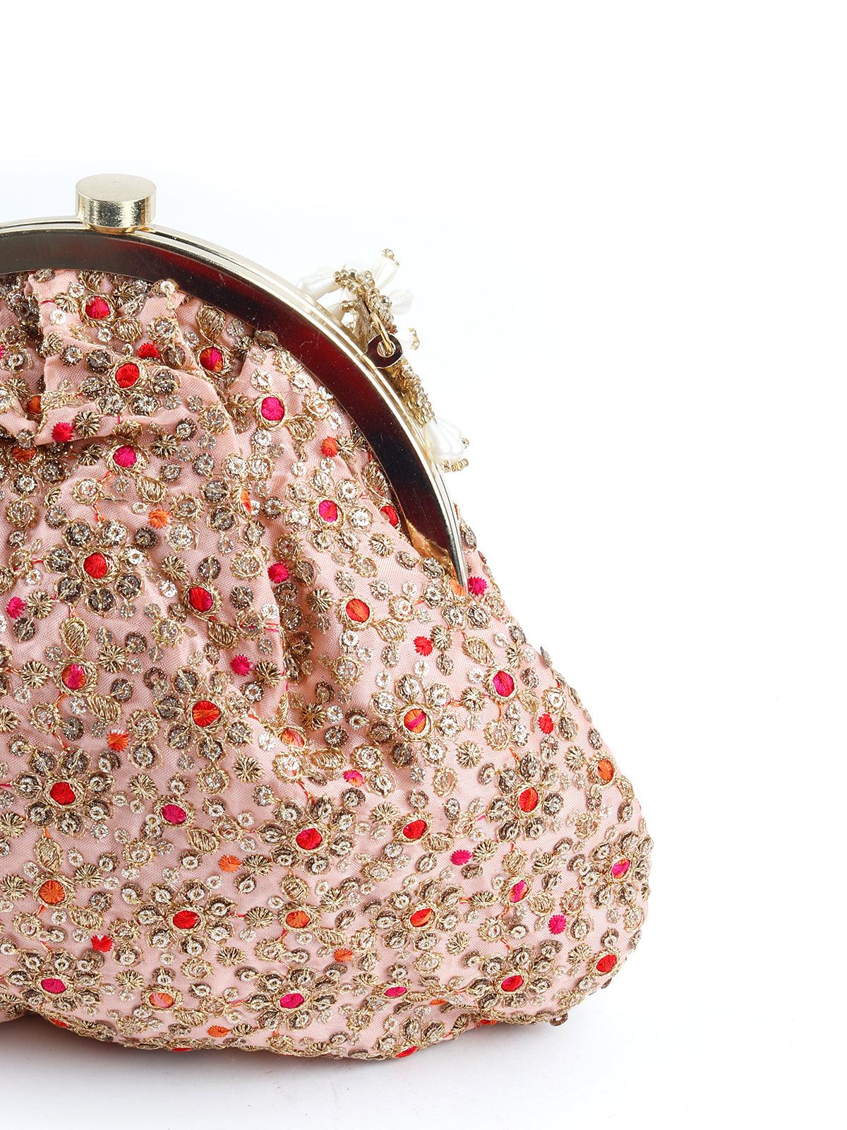 Odette Women Embroidered Pink And Golden Clutch - Image 4