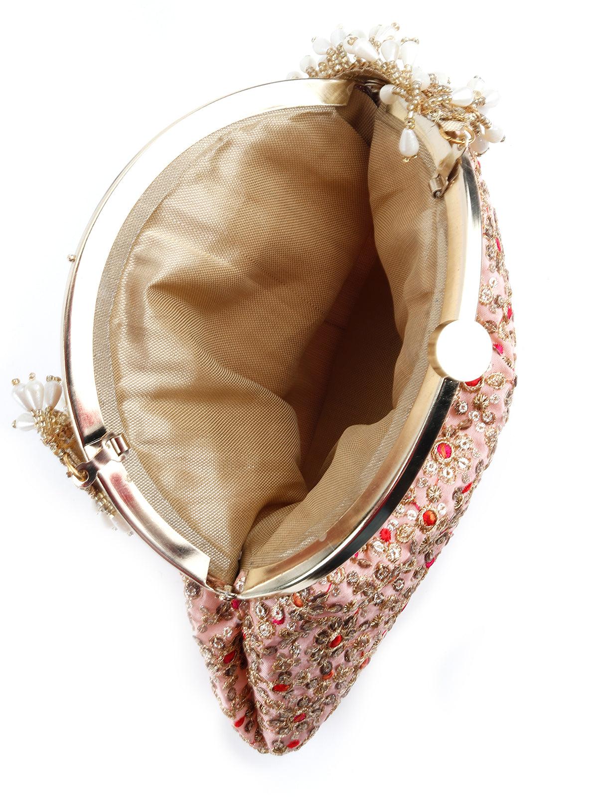 Odette Women Embroidered Pink And Golden Clutch - Image 5
