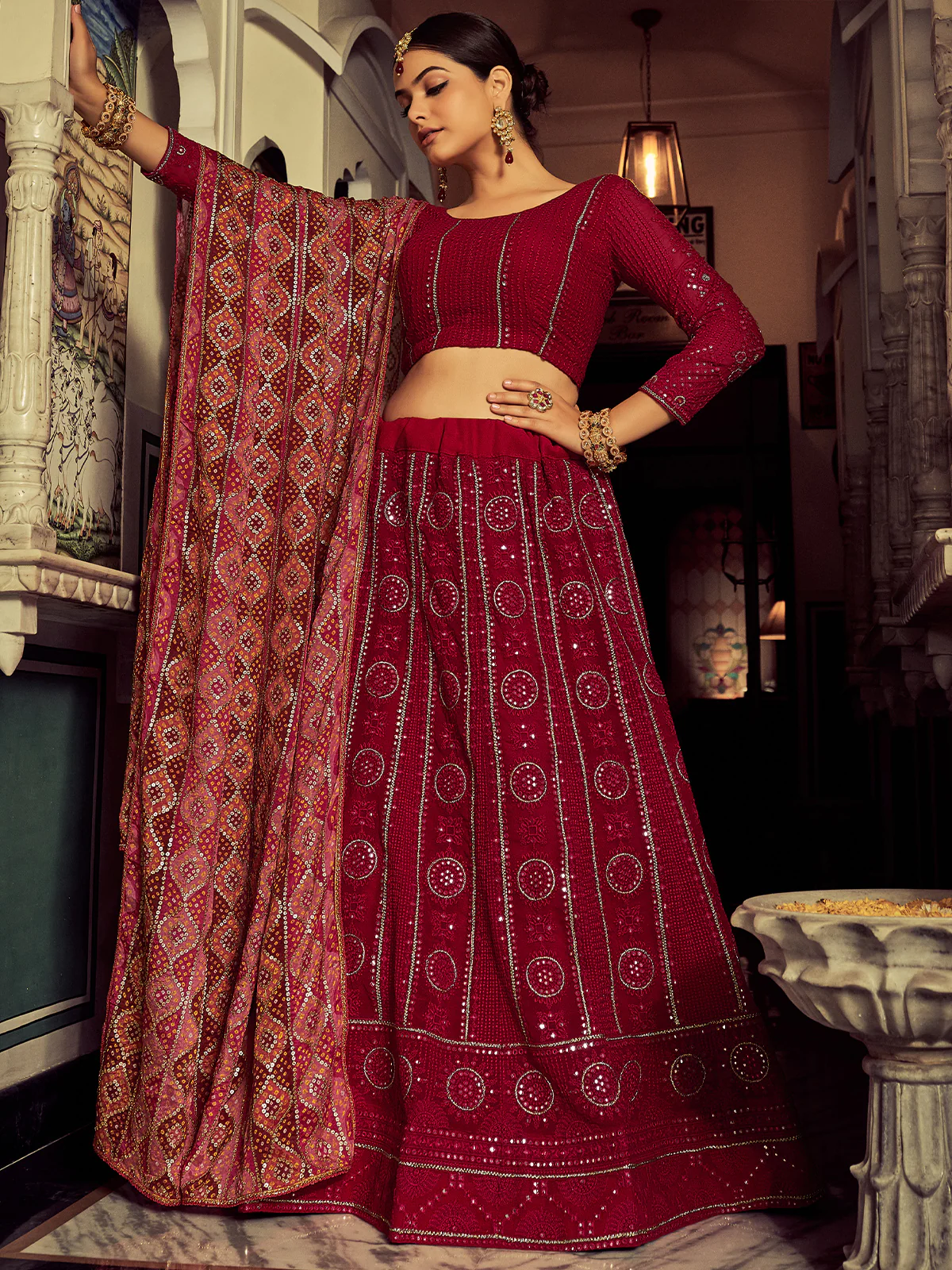 Odette Women Embroidered Pink Georgette Semi Stitched Lehenga With Blouse Piece - Image 2