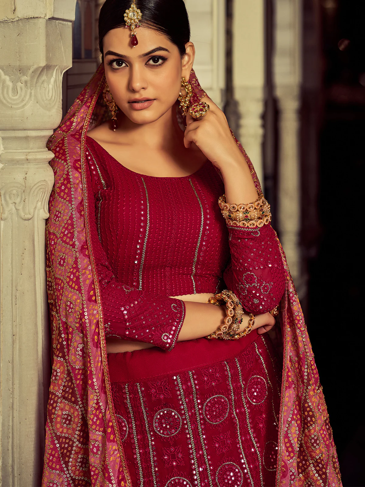 Odette Women Embroidered Pink Georgette Semi Stitched Lehenga With Blouse Piece - Image 4