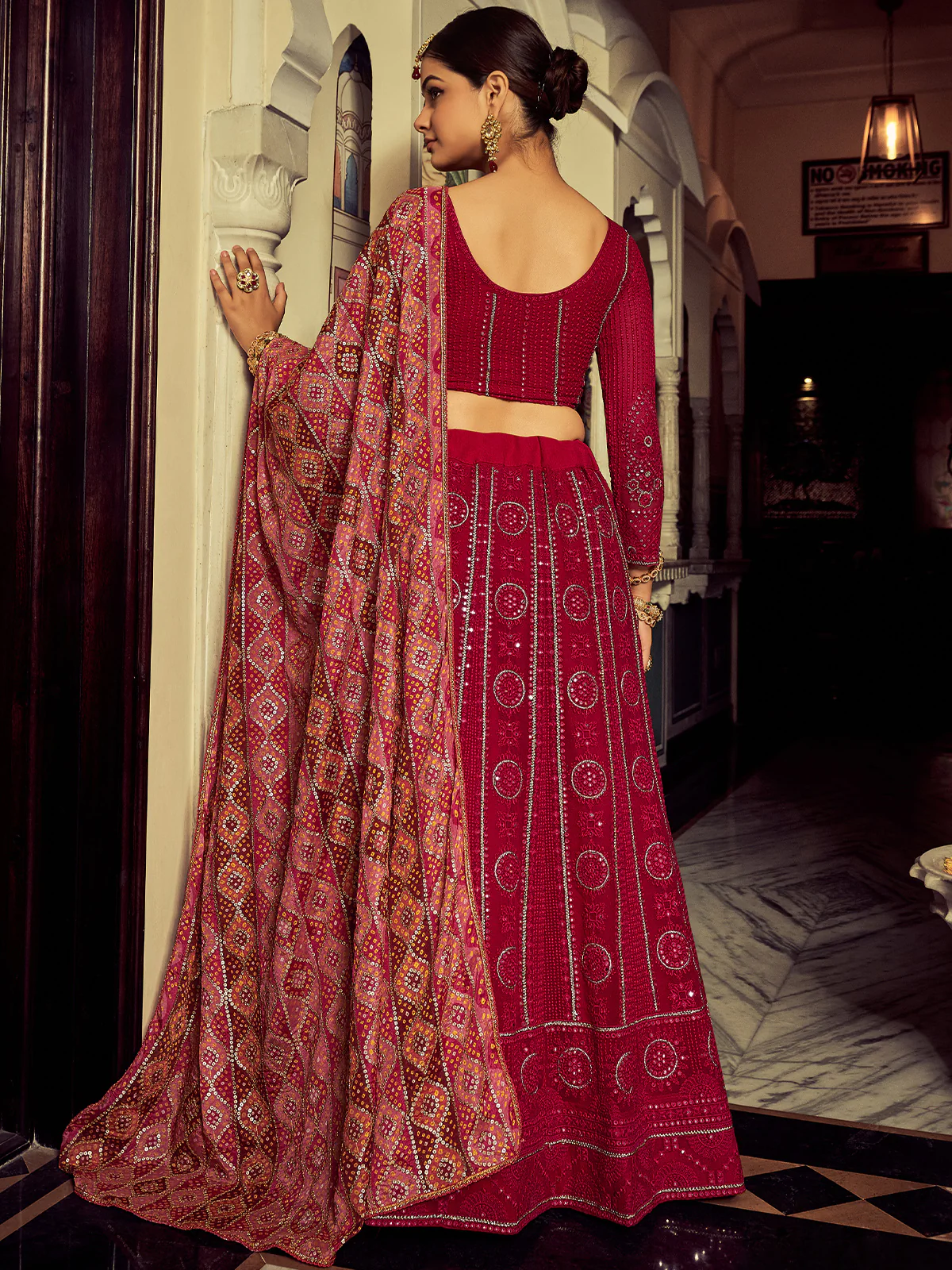 Odette Women Embroidered Pink Georgette Semi Stitched Lehenga With Blouse Piece - Image 5
