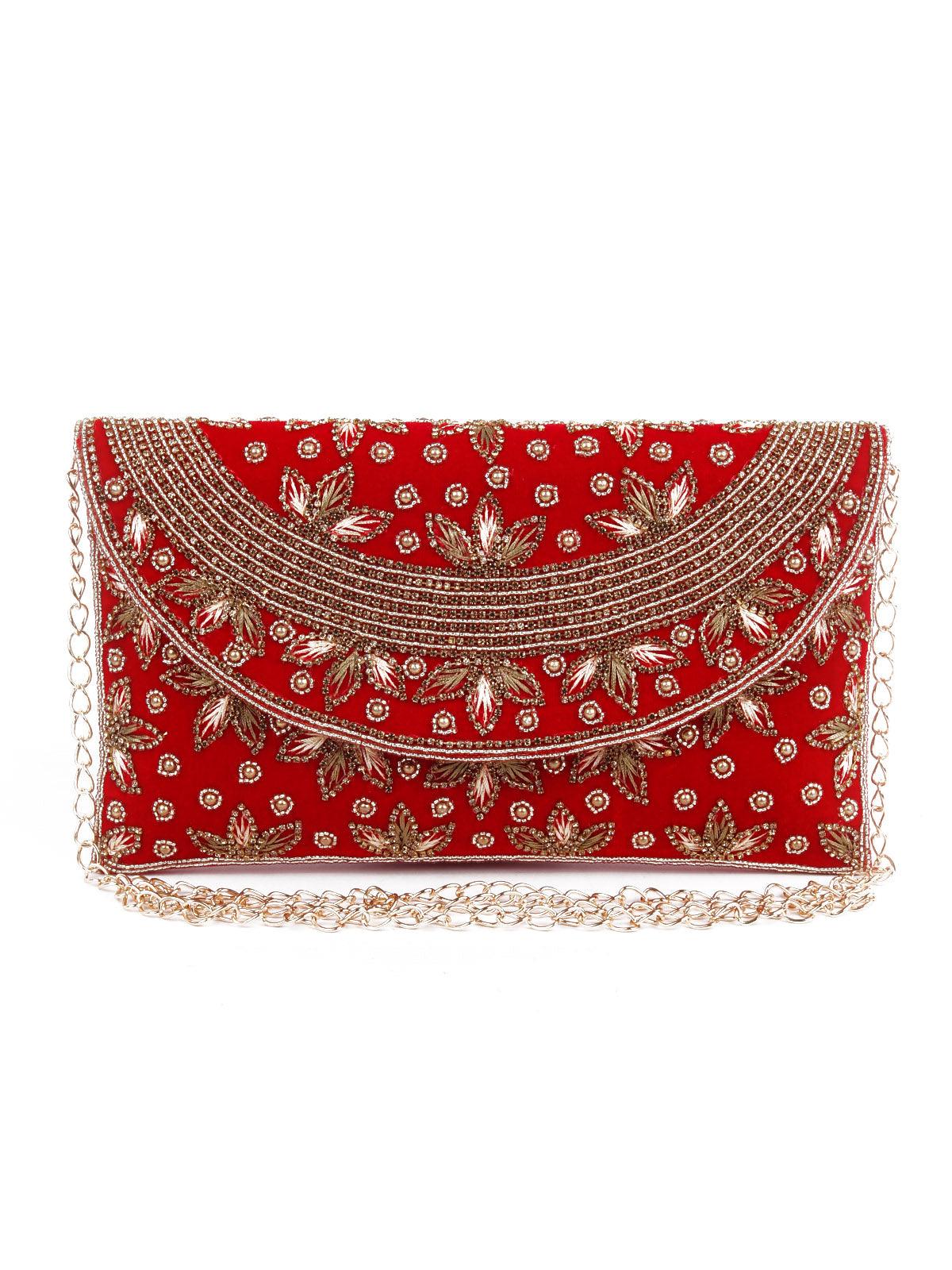 Odette Embroidered Red Clutch Bag For Women - Image 3