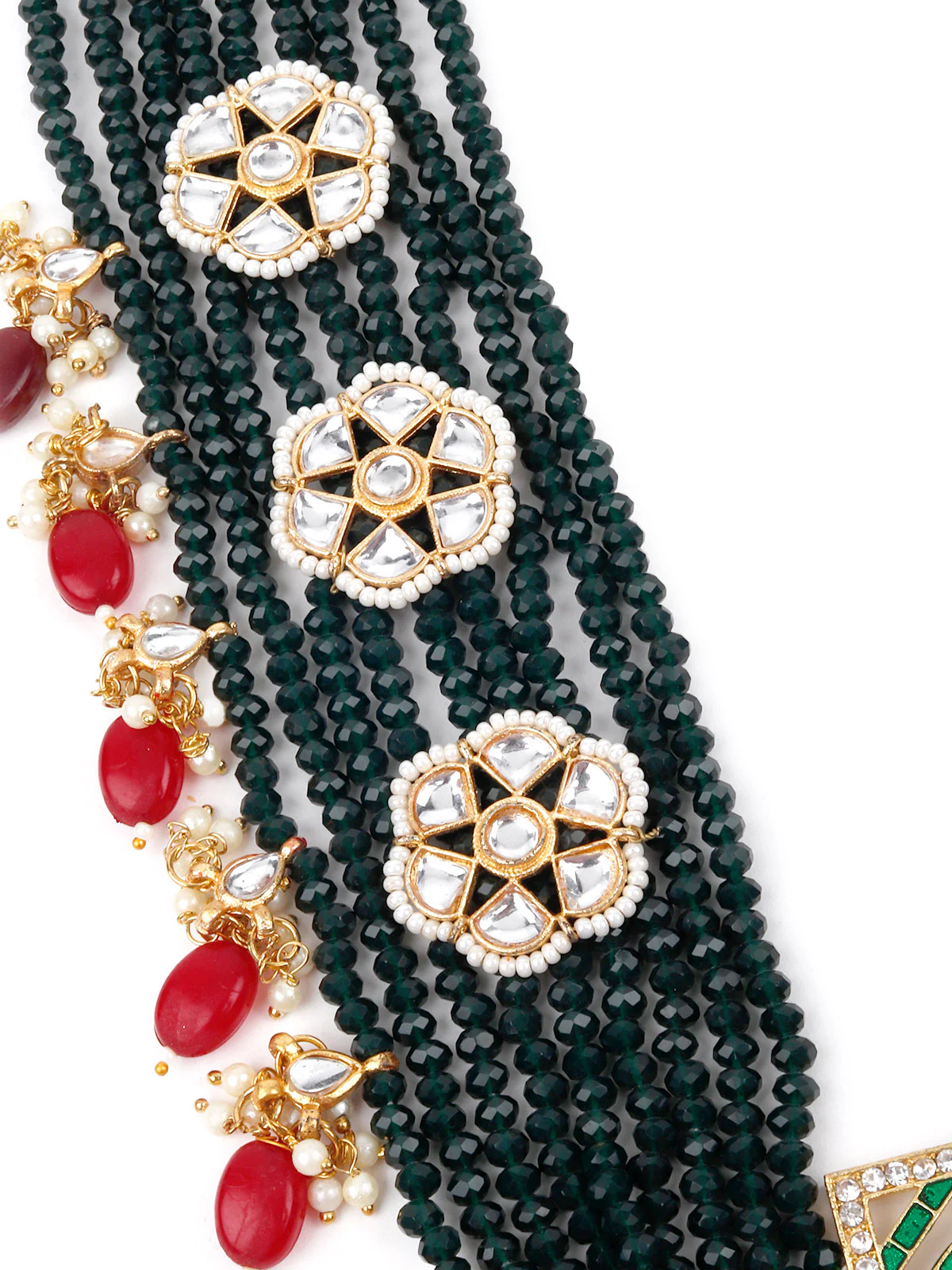 Odette Women Emerald Green With Ruby Beads Kundan Necklace - Image 5