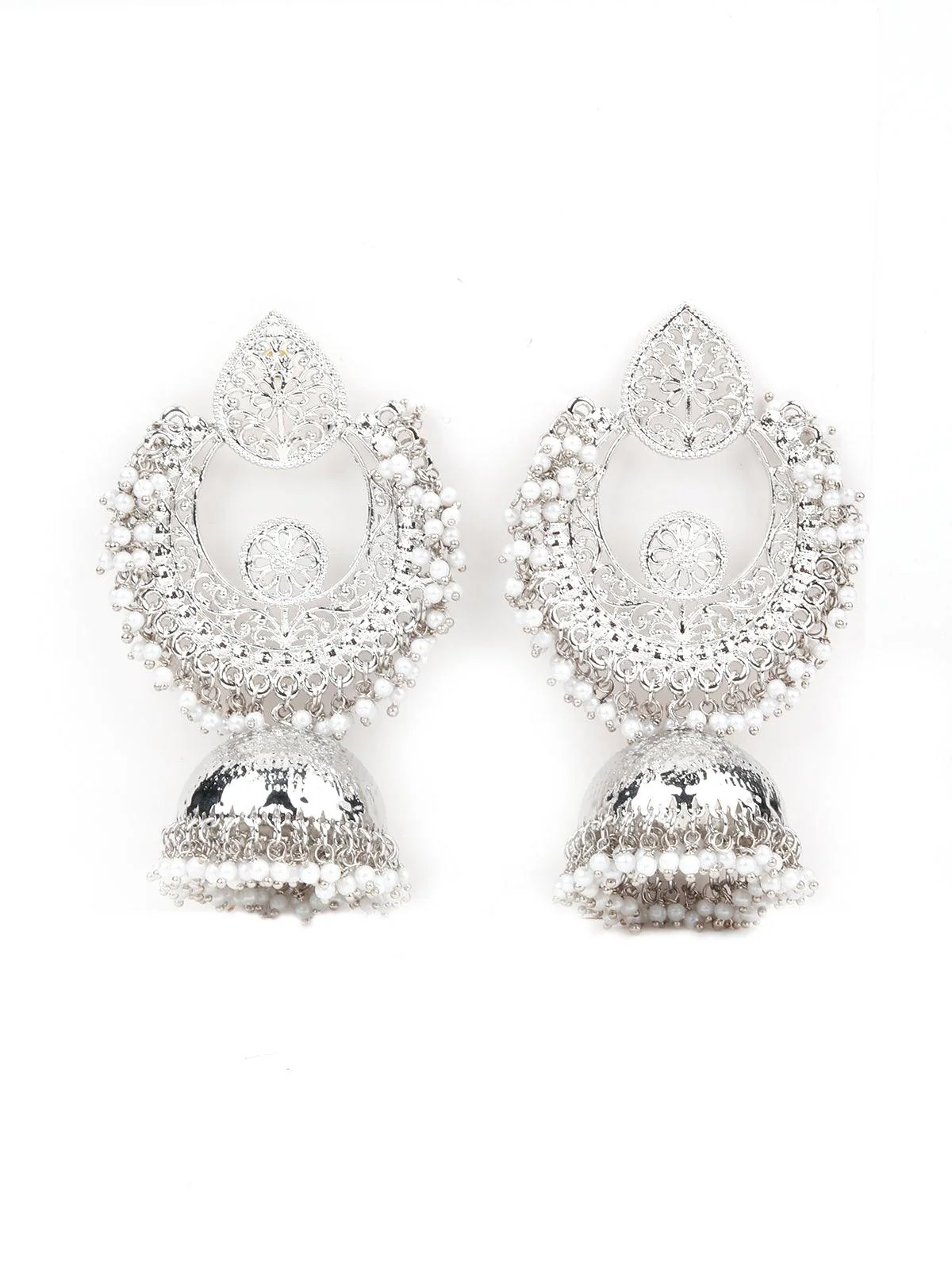 Odette Women Ethnic Silver White Beaded Jhumka - Image 3