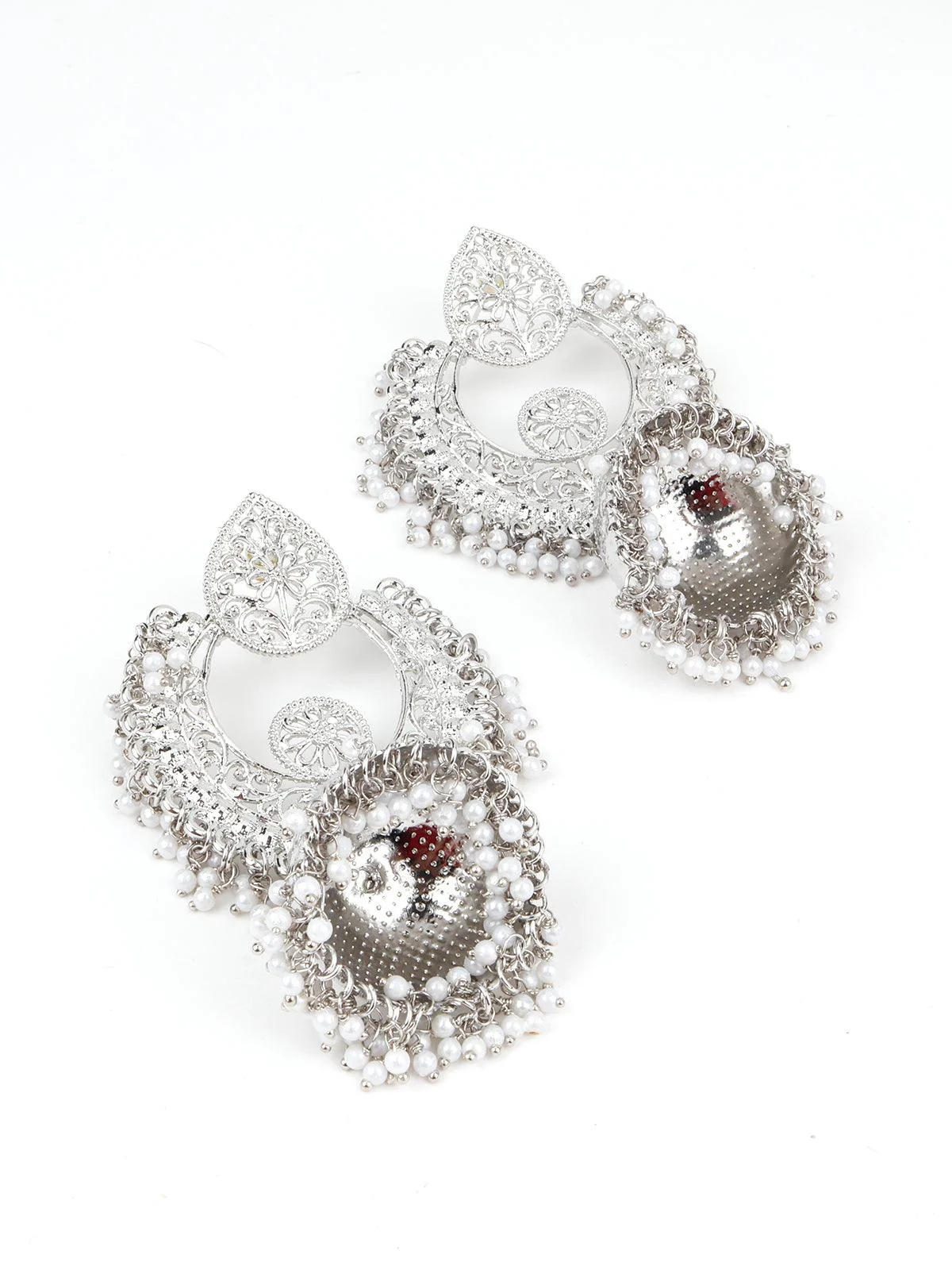 Odette Women Ethnic Silver White Beaded Jhumka - Image 5
