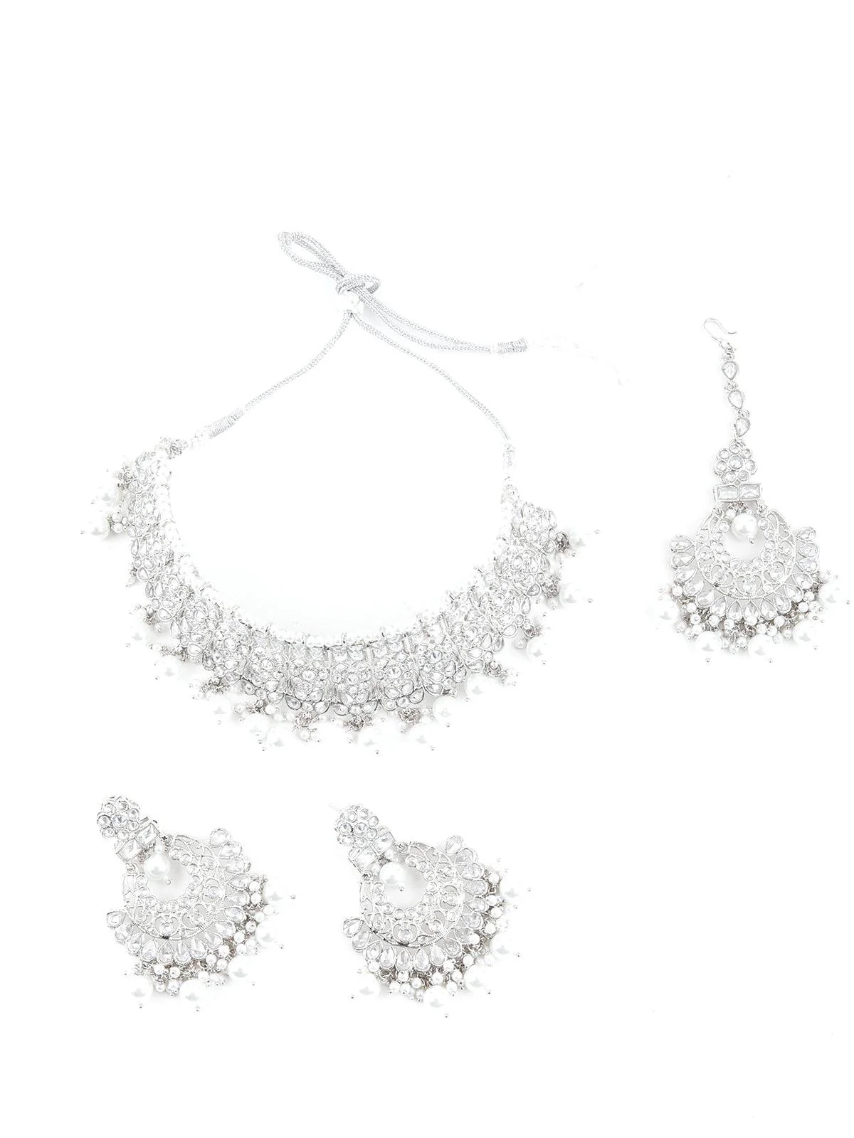 Odette Women Ethnic Silver Crystal Embellished Choker Necklace Set - Image 3